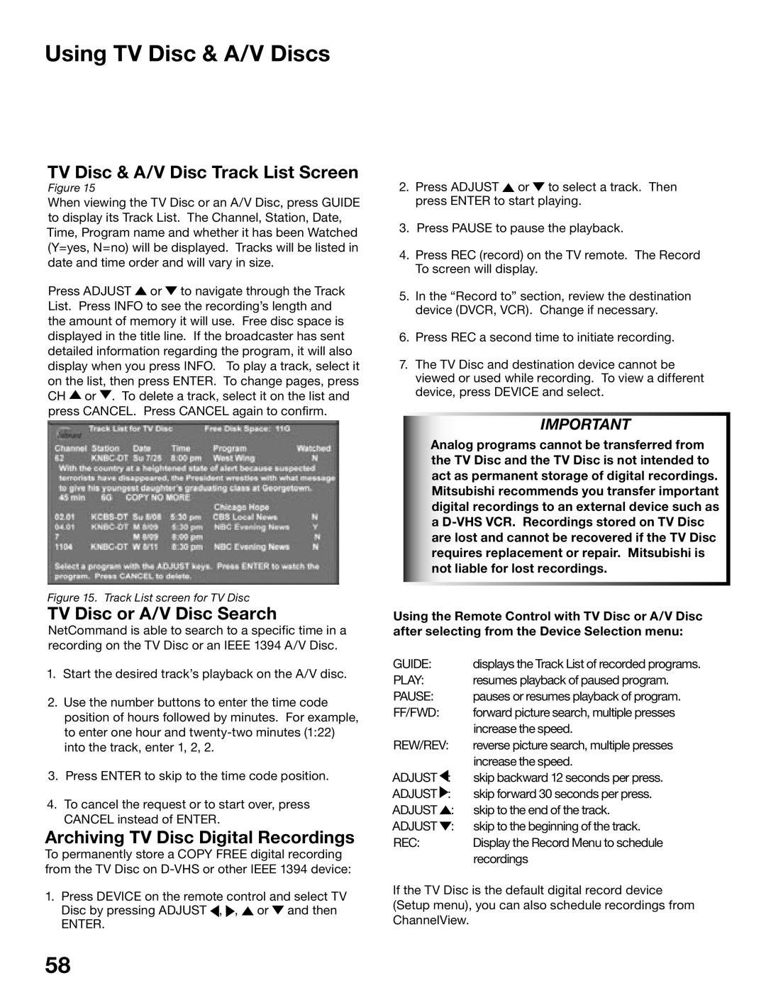 Mitsubishi Electronics WD-52825, WD-62825 manual Using TV Disc & A/V Discs, TV Disc & A/V Disc Track List Screen 