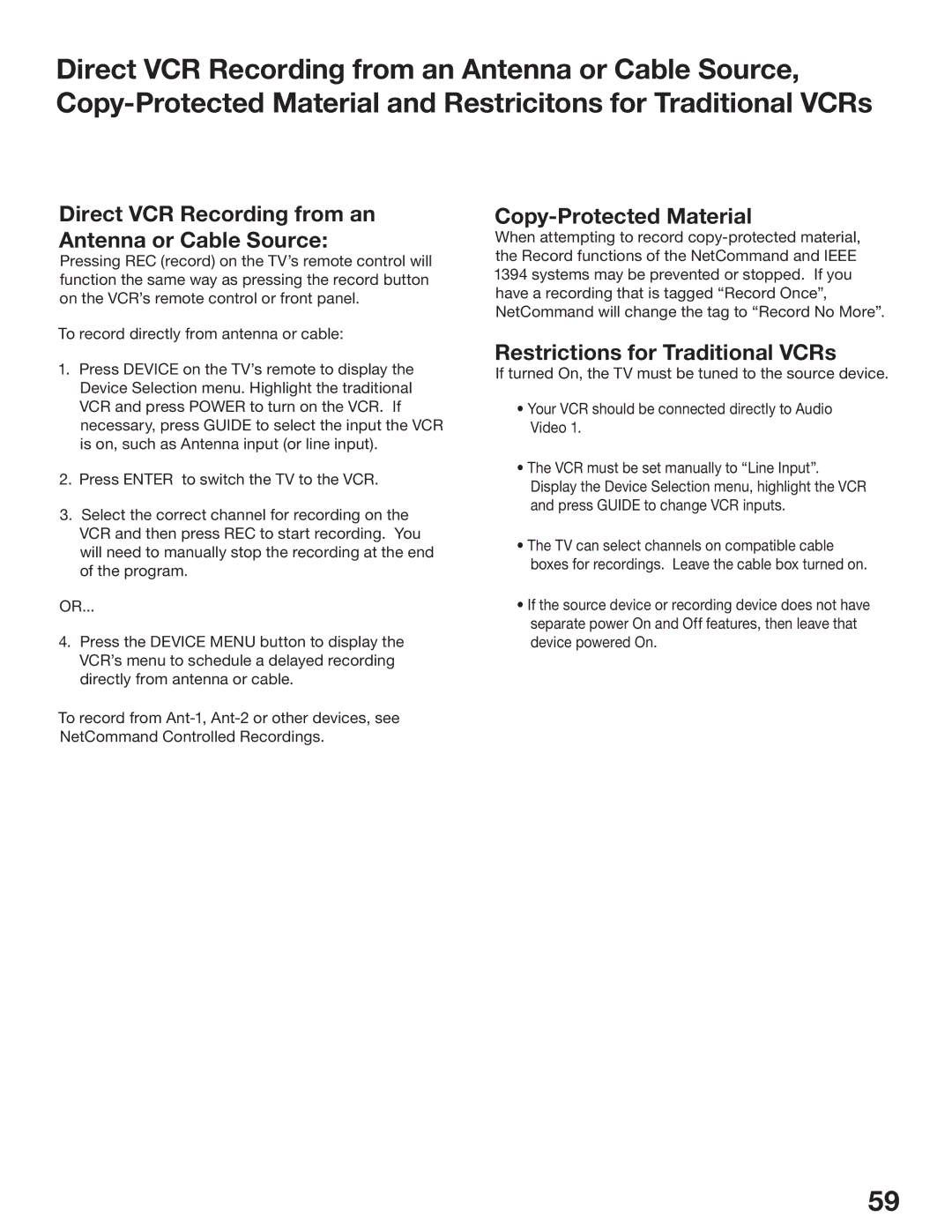 Mitsubishi Electronics WD-62825, WD-52825 Direct VCR Recording from an Antenna or Cable Source, Copy-Protected Material 