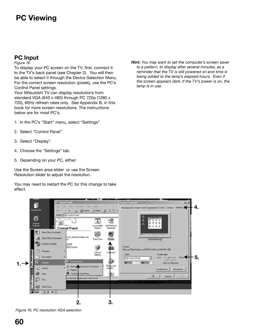 Mitsubishi Electronics WD-52825, WD-62825 manual PC Viewing, PC Input 