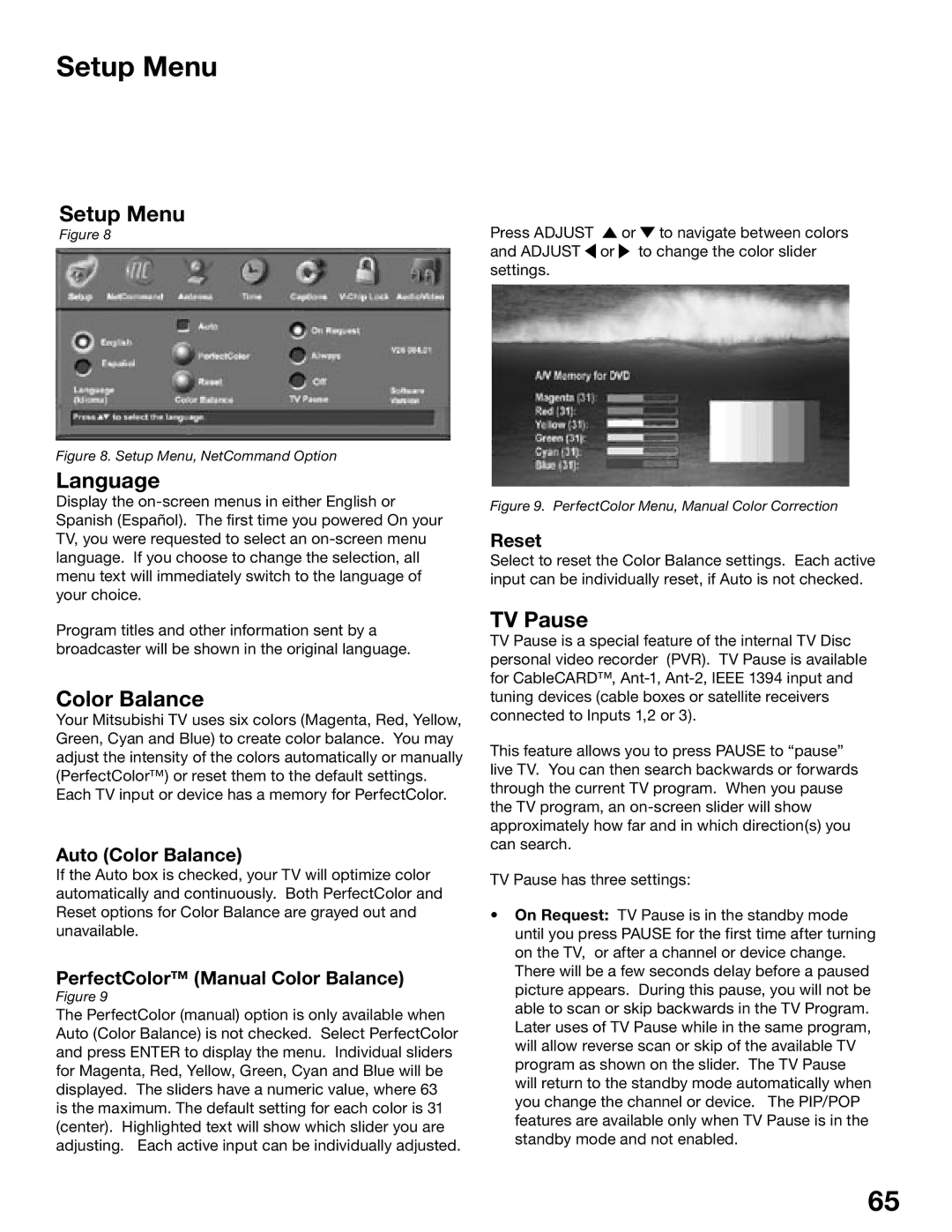 Mitsubishi Electronics WD-62825, WD-52825 manual Setup Menu, Language, Color Balance, TV Pause 