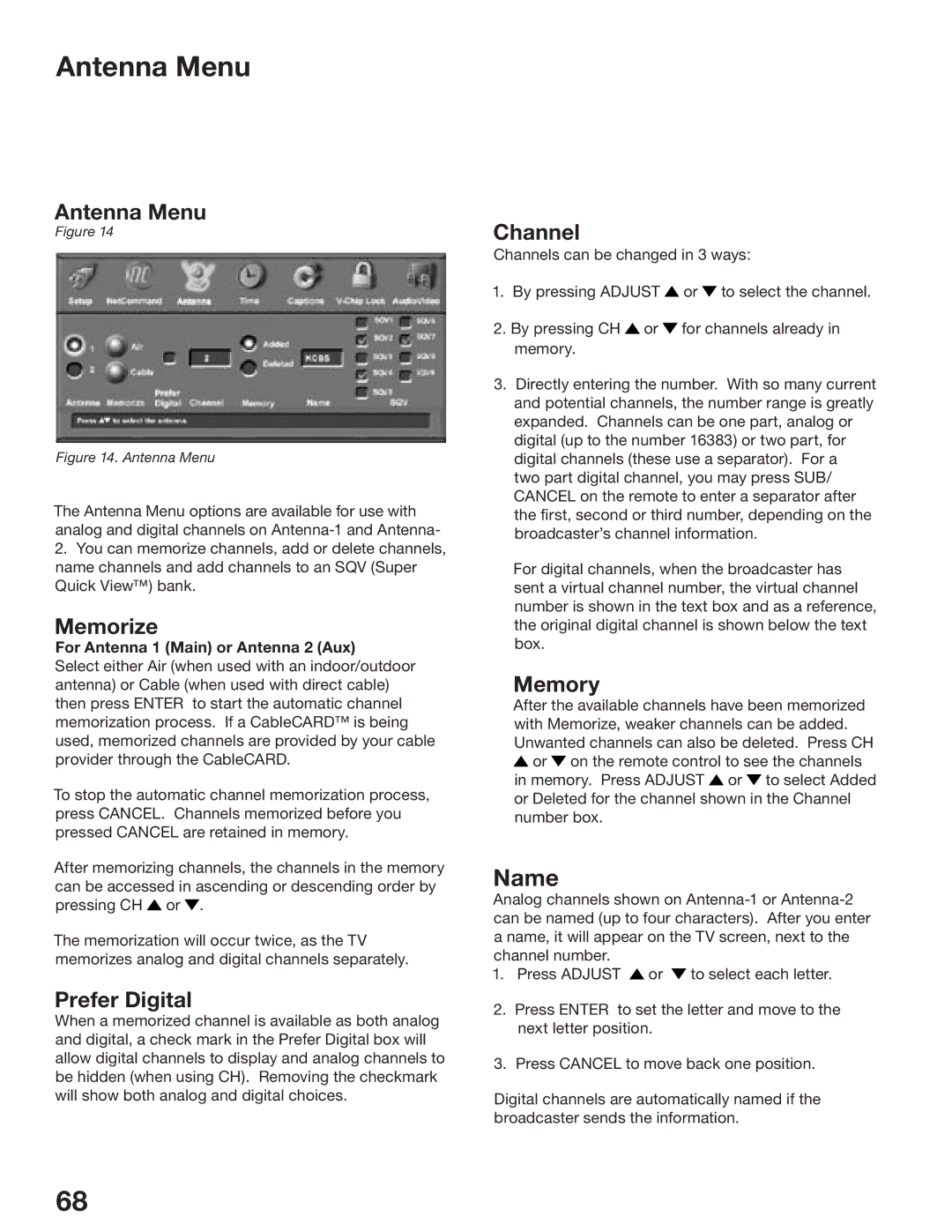 Mitsubishi Electronics WD-52825, WD-62825 manual Antenna Menu, Memorize, Prefer Digital, Channel, Memory 