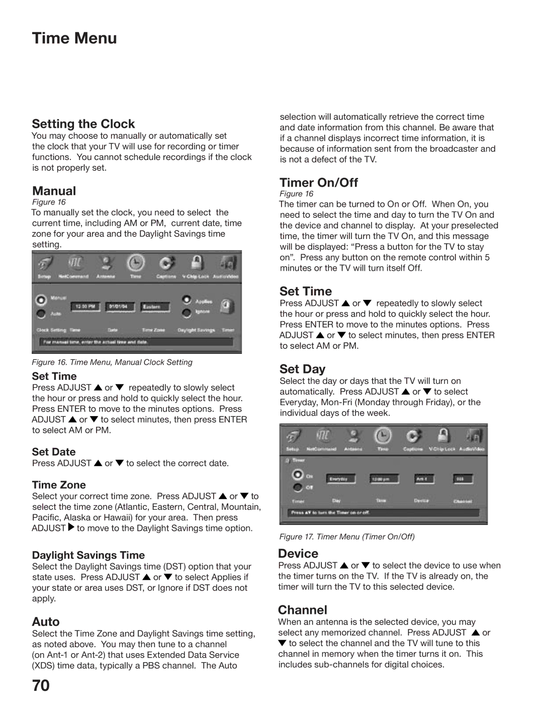 Mitsubishi Electronics WD-52825, WD-62825 manual Time Menu 