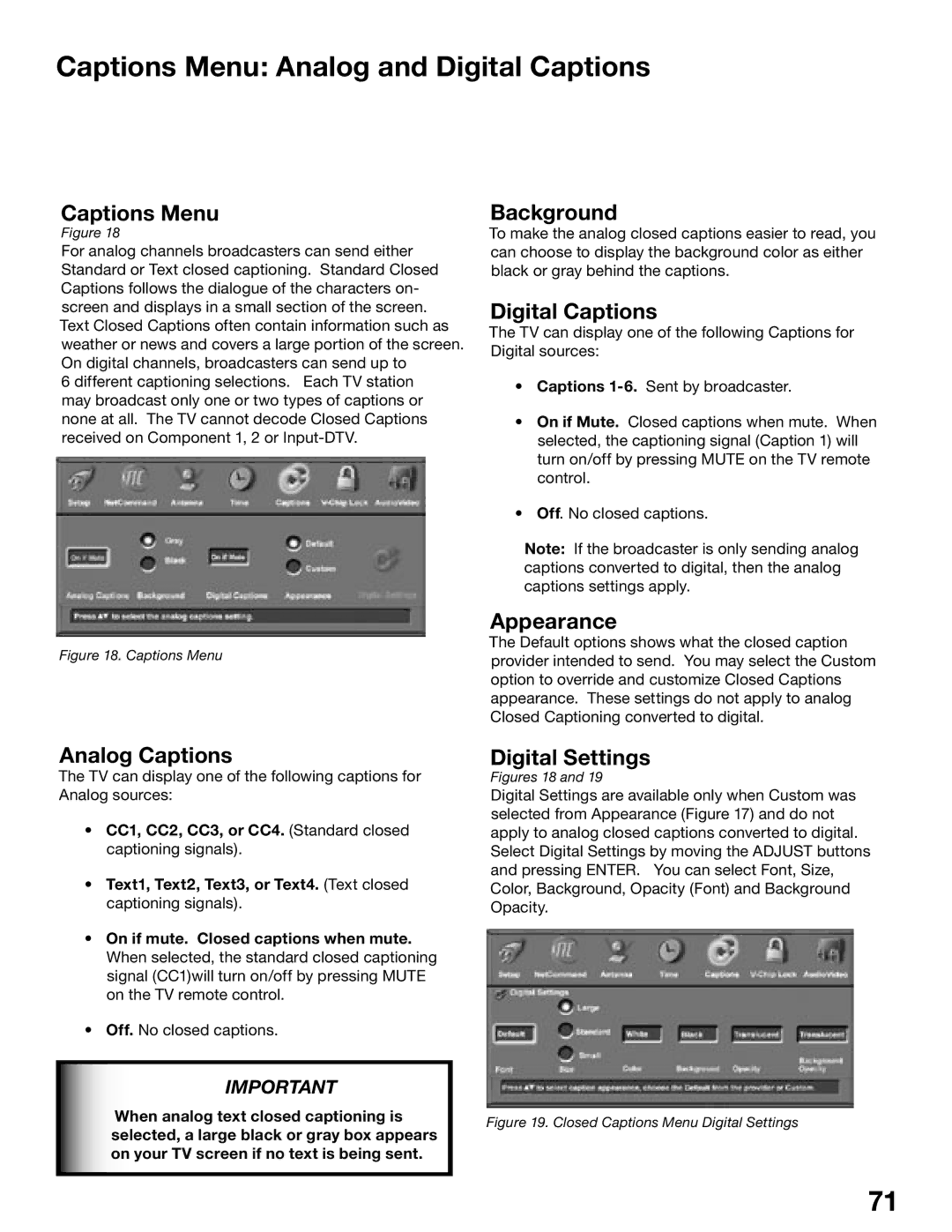 Mitsubishi Electronics WD-62825, WD-52825 manual Captions Menu Analog and Digital Captions 