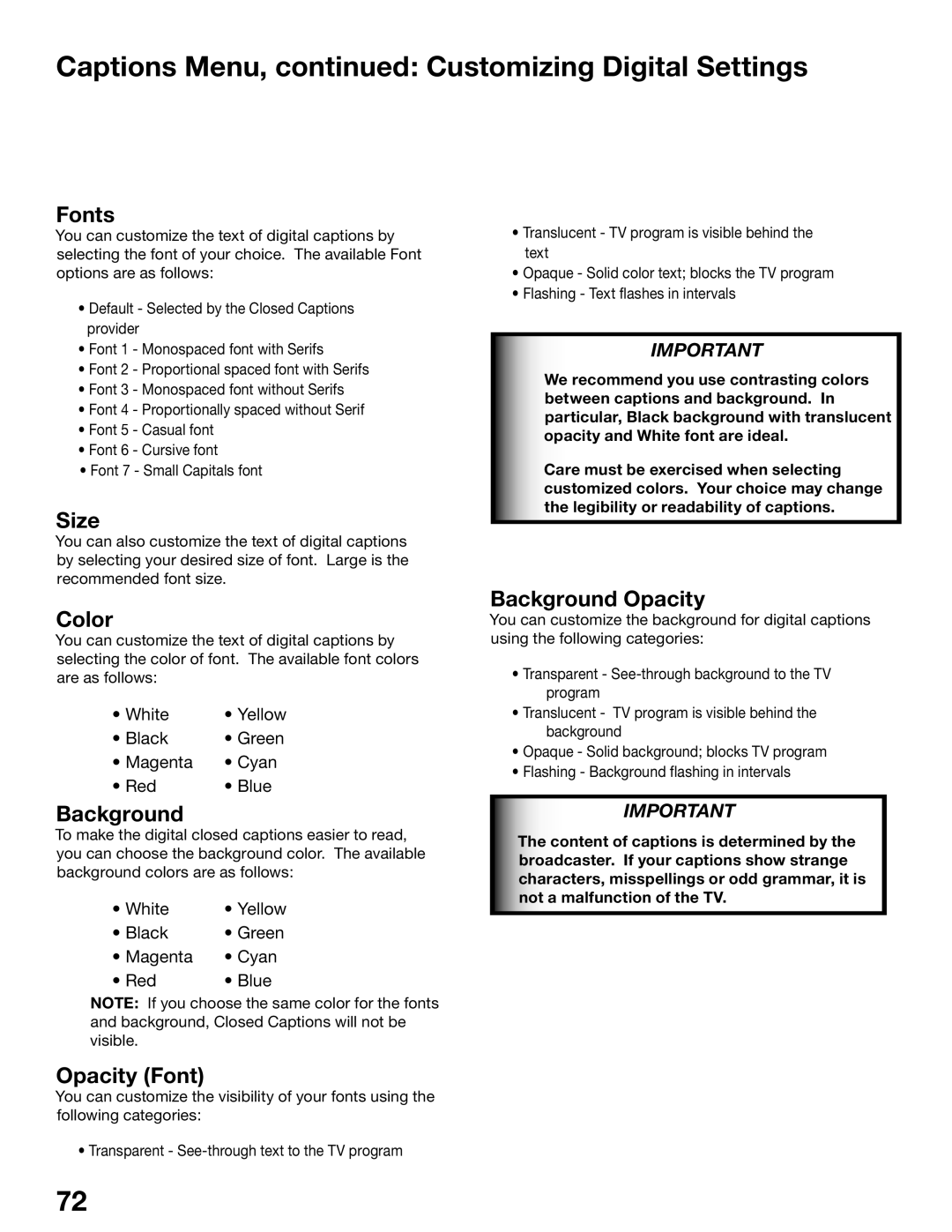 Mitsubishi Electronics WD-52825, WD-62825 manual Captions Menu, Customizing Digital Settings 