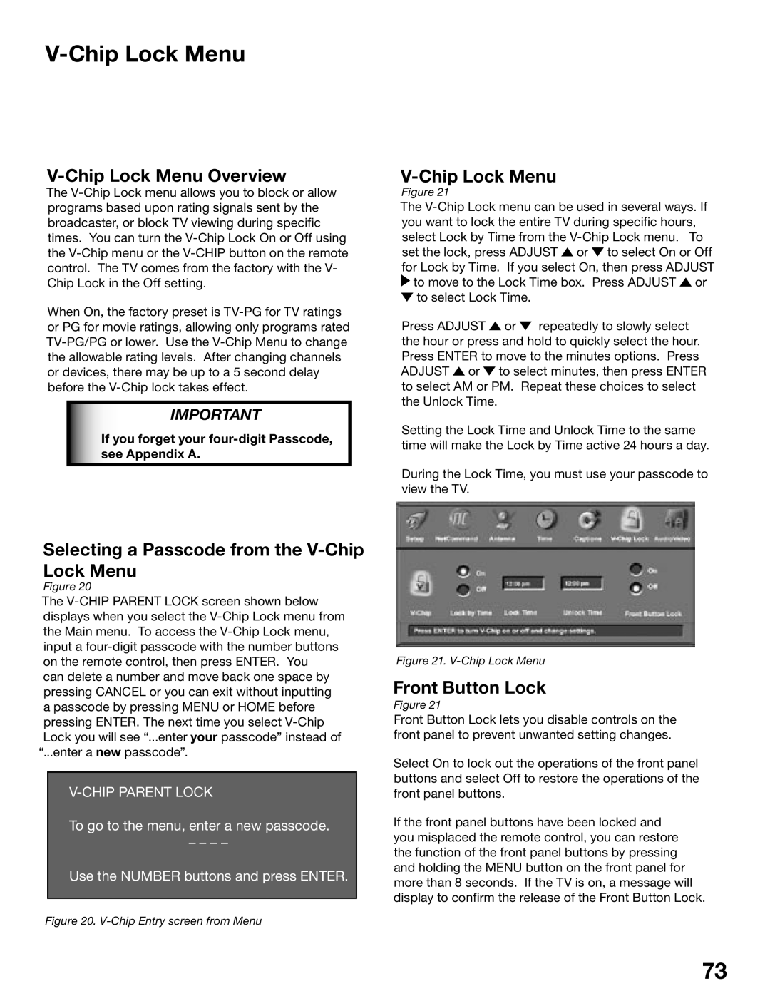 Mitsubishi Electronics WD-62825, WD-52825 manual Chip Lock Menu Overview, Selecting a Passcode from the V-Chip Lock Menu 