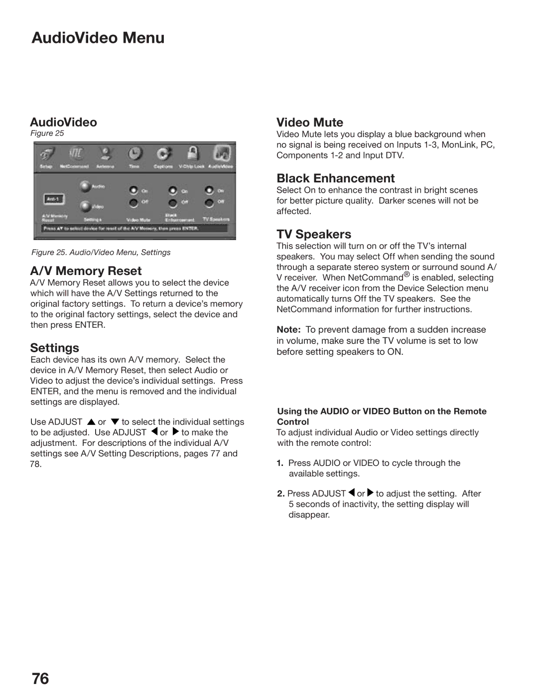 Mitsubishi Electronics WD-52825, WD-62825 manual AudioVideo Menu 