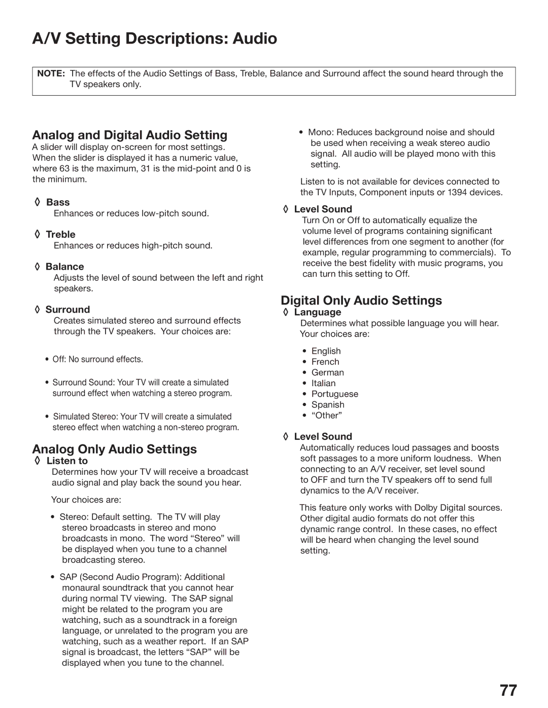 Mitsubishi Electronics WD-62825 Setting Descriptions Audio, Analog and Digital Audio Setting, Analog Only Audio Settings 