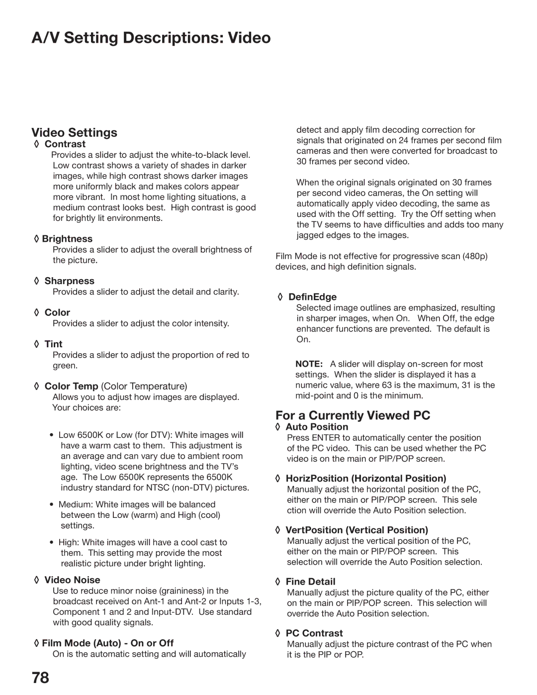 Mitsubishi Electronics WD-52825, WD-62825 manual Setting Descriptions Video, Video Settings, For a Currently Viewed PC 