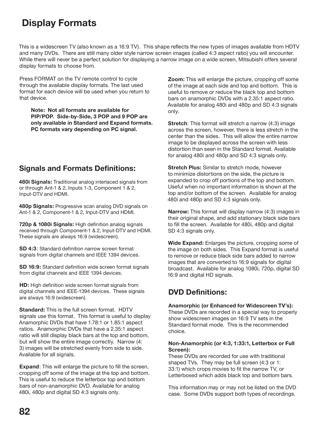 Mitsubishi Electronics WD-52825, WD-62825 manual Display Formats, Signals and Formats Definitions, DVD Definitions 