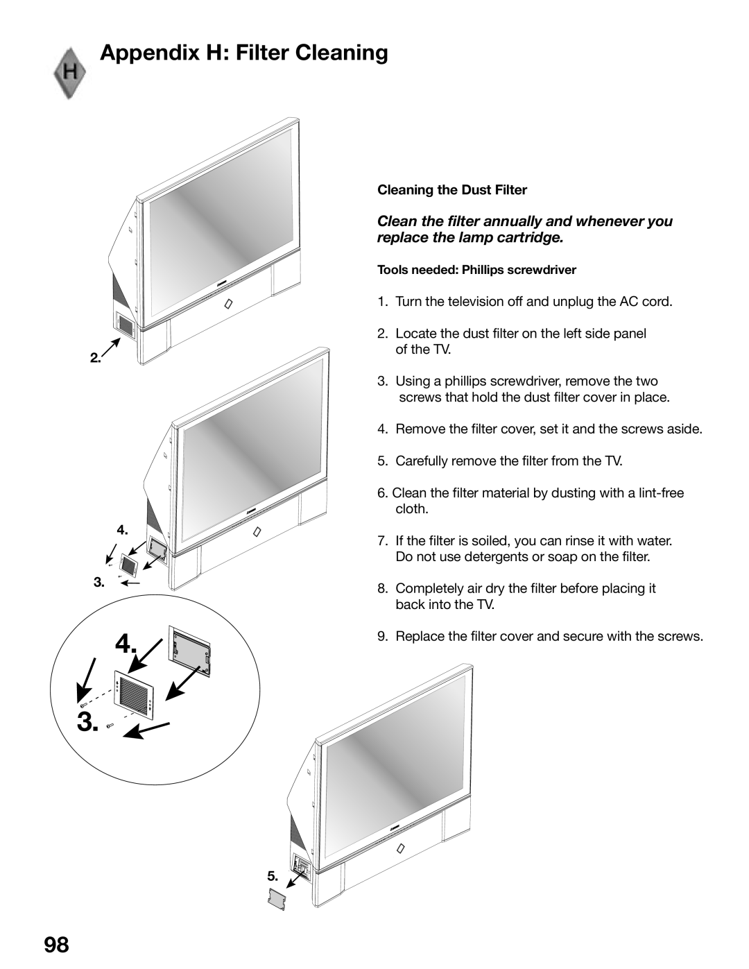 Mitsubishi Electronics WD-52825, WD-62825 manual Appendix H Filter Cleaning 