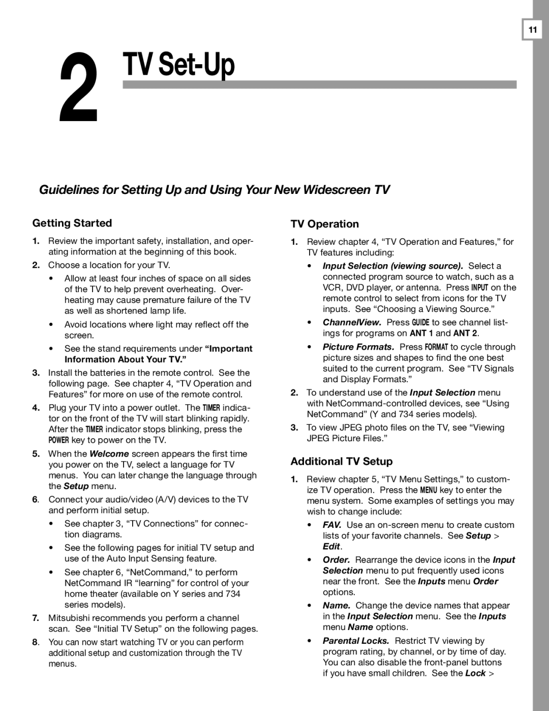 Mitsubishi Electronics WD-Y577 Guidelines for Setting Up and Using Your New Widescreen TV, Getting Started, TV Operation 