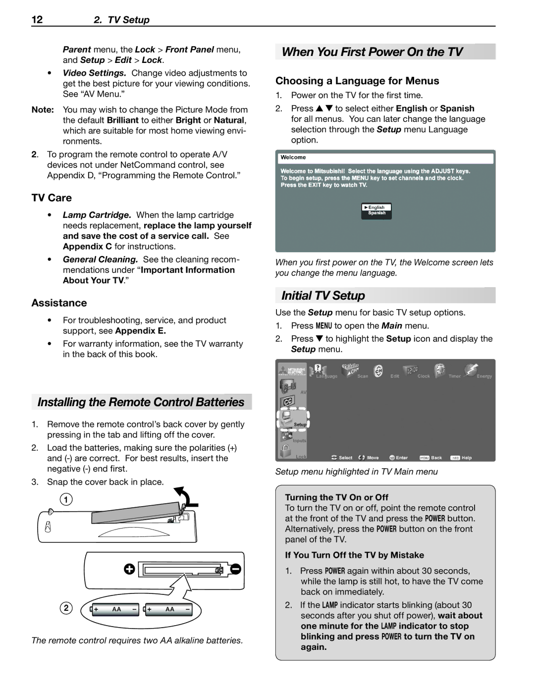Mitsubishi Electronics WD-73734 When You First Power On the TV, Initial TV Setup, Installing the Remote Control Batteries 