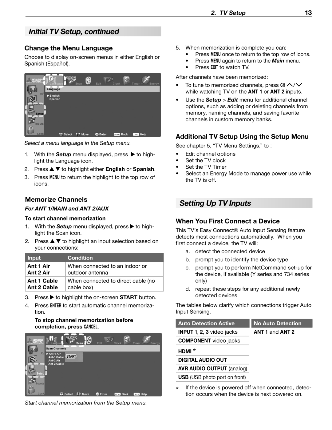 Mitsubishi Electronics WD-65734, WD-57734, WD-65733 manual Setting Up TV Inputs, Change the Menu Language, Memorize Channels 