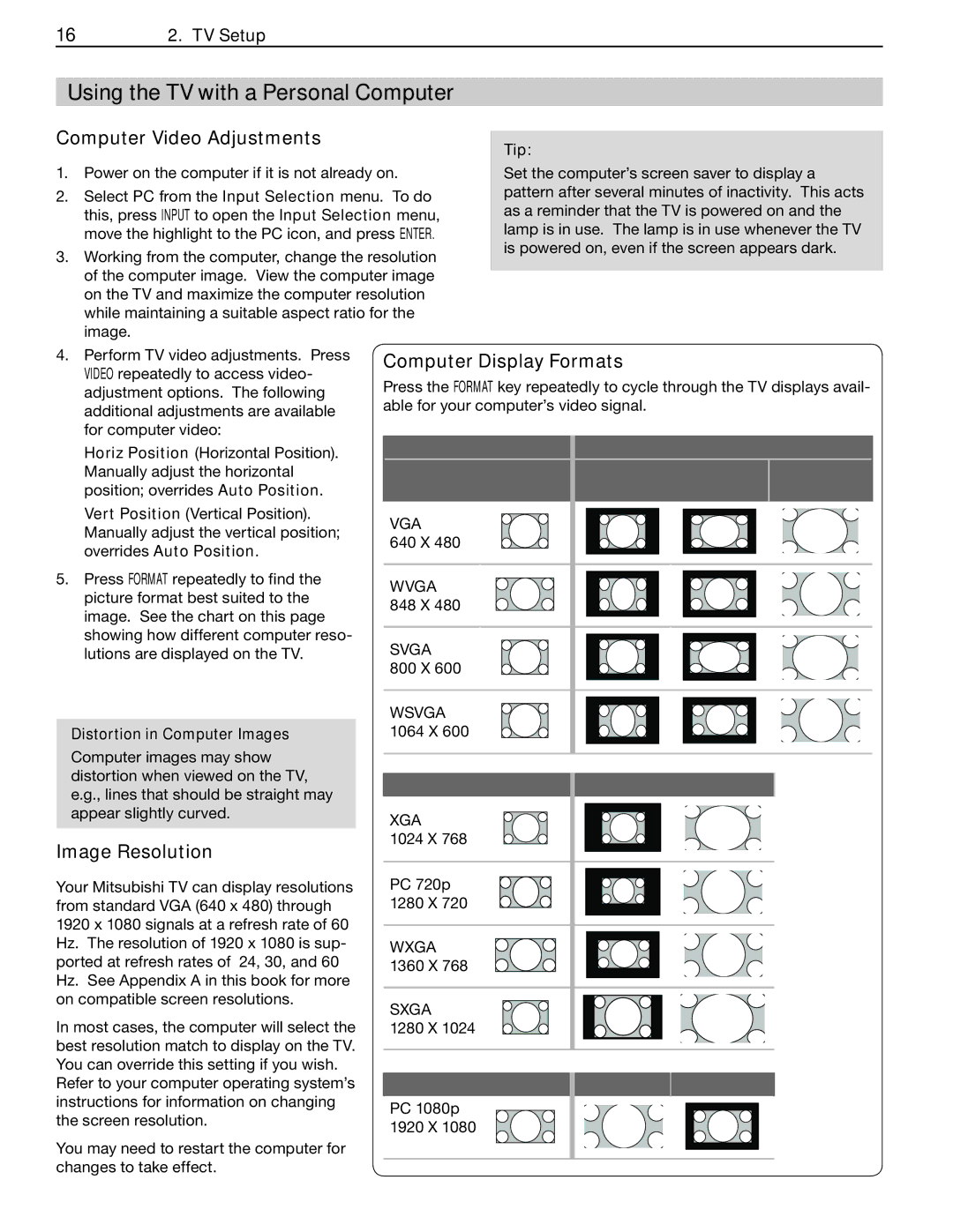 Mitsubishi Electronics WD-57734 manual Using the TV with a Personal Computer, Computer Video Adjustments, Image Resolution 