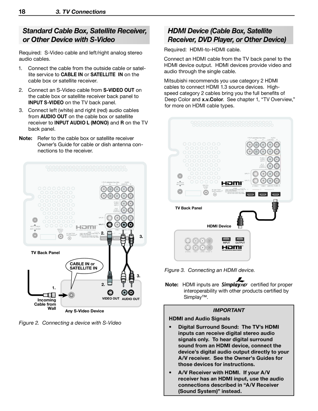 Mitsubishi Electronics WD-57733, WD-57734, WD-65733, WD-Y577, WD-73734, WD-65734, WD-Y657, WD-73733 manual 18 3. TV Connections 