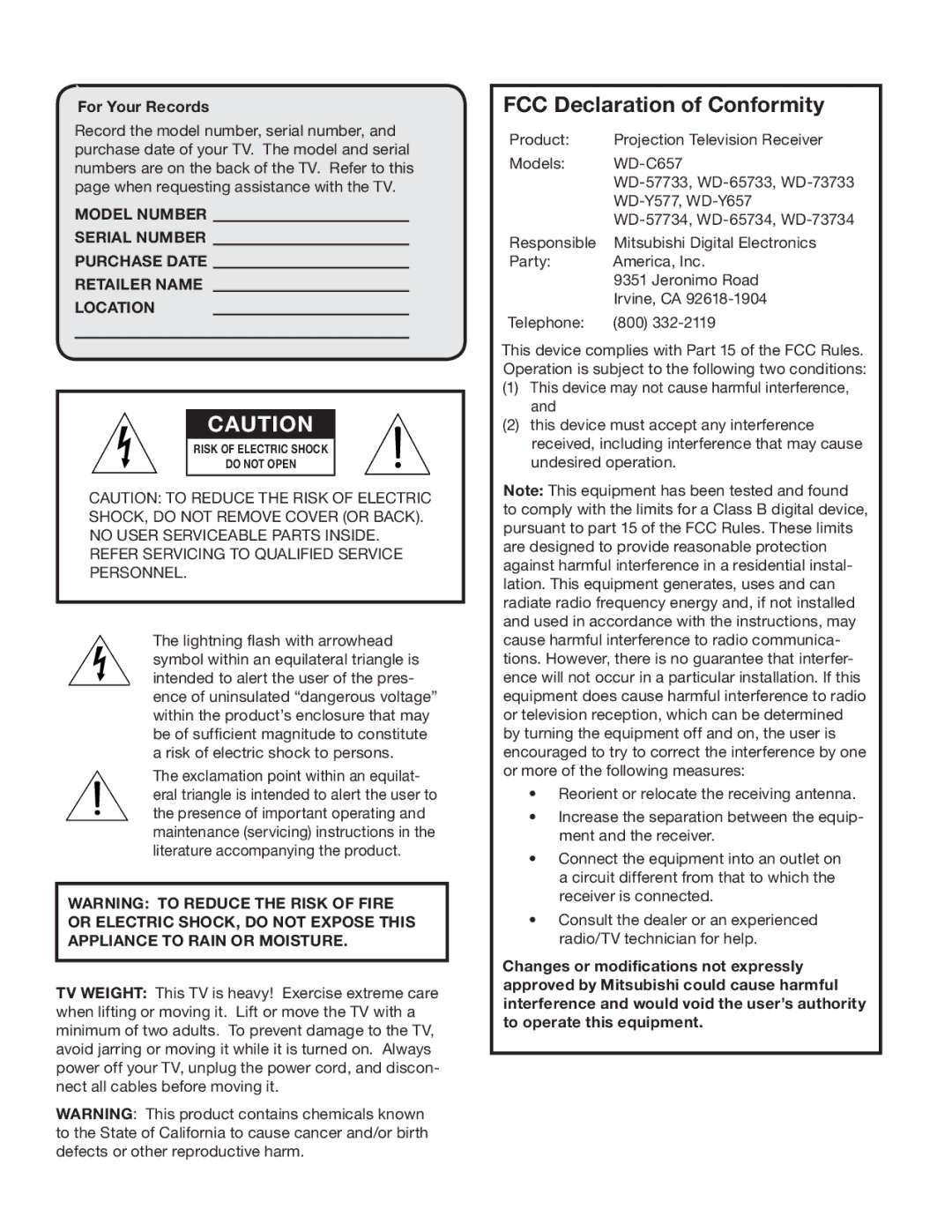 Mitsubishi Electronics WD-57733, WD-57734, WD-65733 manual For Your Records, Refer Servicing to Qualified Service Personnel 