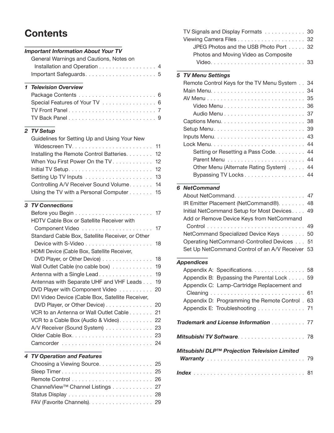 Mitsubishi Electronics WD-Y577, WD-57734, WD-65733, WD-57733, WD-73734, WD-65734, WD-Y657, WD-73733 manual Contents 