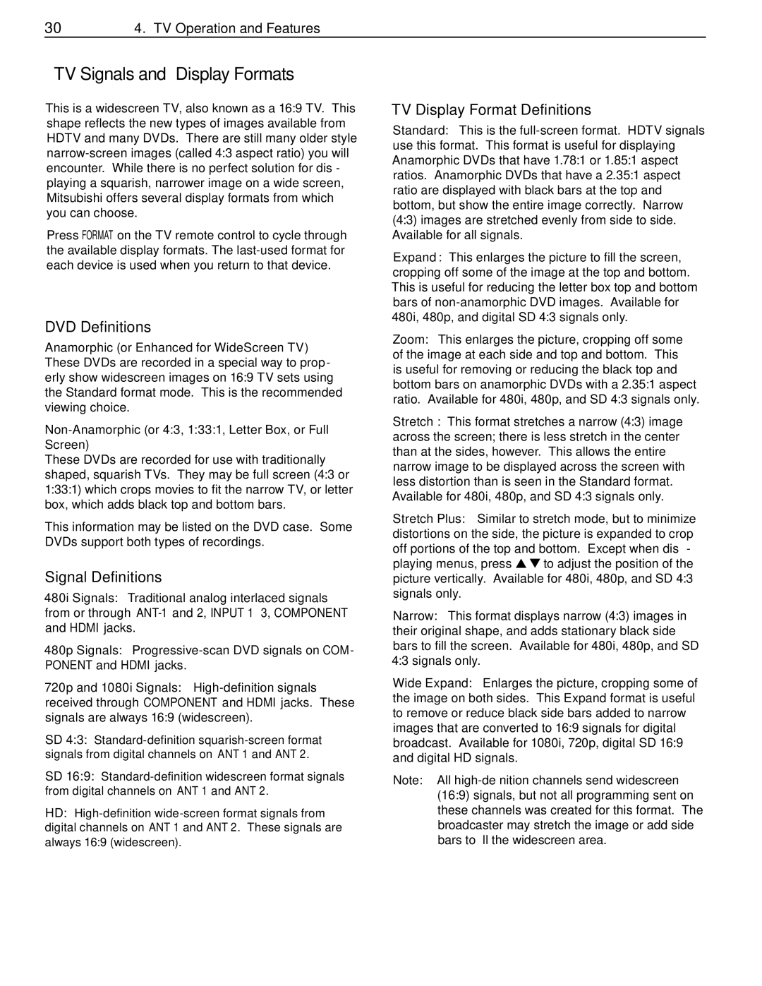 Mitsubishi Electronics WD-Y657, WD-57734, WD-65733 manual TV Signals and Display Formats, DVD Definitions, Signal Definitions 