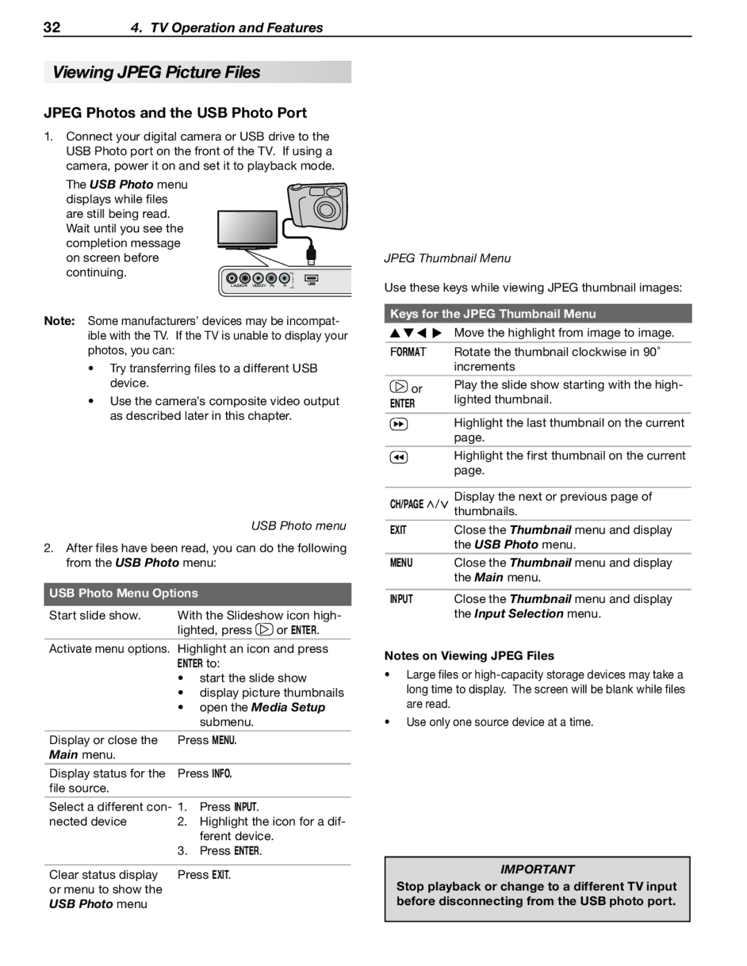 Mitsubishi Electronics WD-57734, WD-65733, WD-57733, WD-Y577 Viewing Jpeg Picture Files, Jpeg Photos and the USB Photo Port 