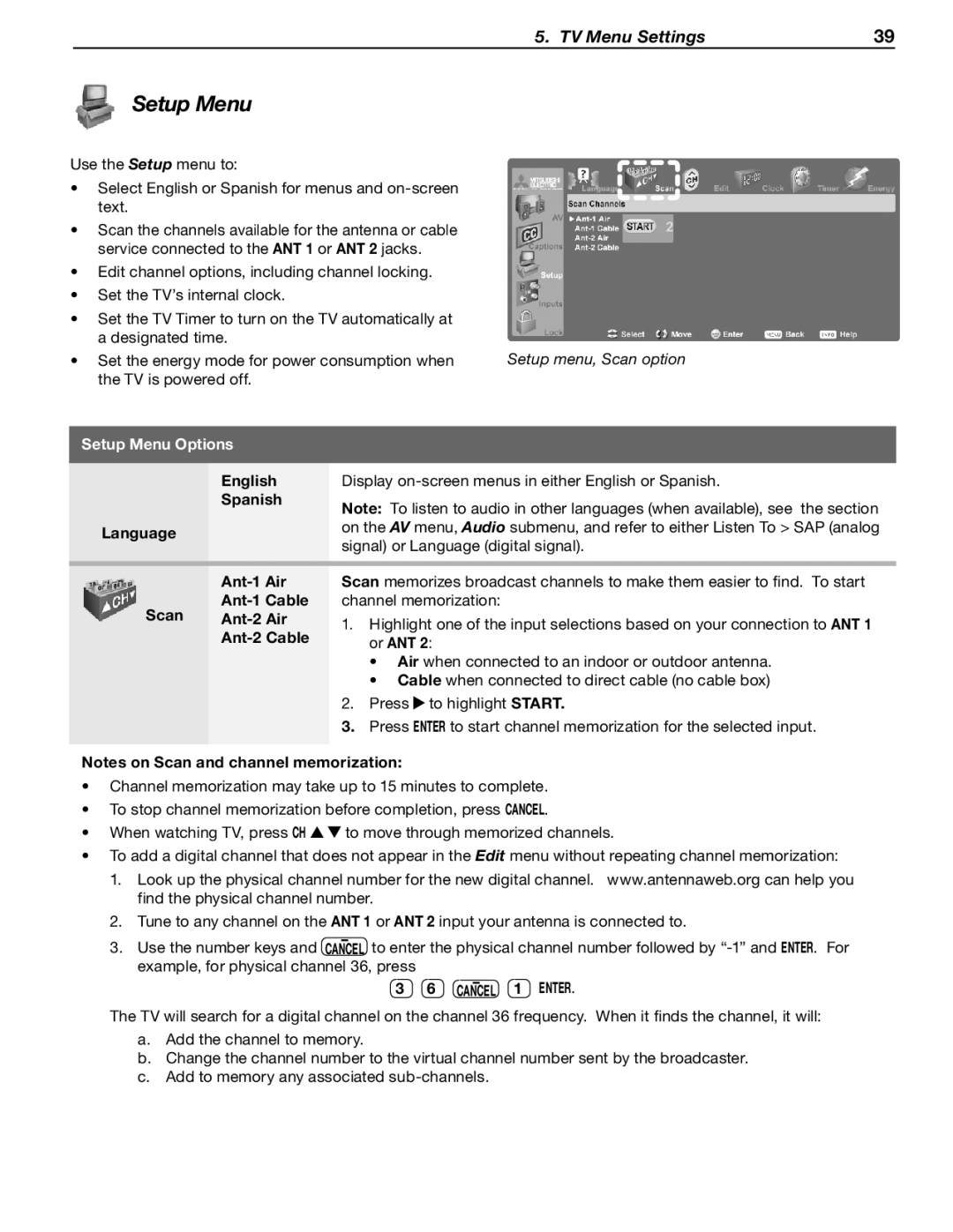 Mitsubishi Electronics WD-73733, WD-57734, WD-65733, WD-57733, WD-Y577, WD-73734, WD-65734, WD-Y657 manual Setup Menu Options 