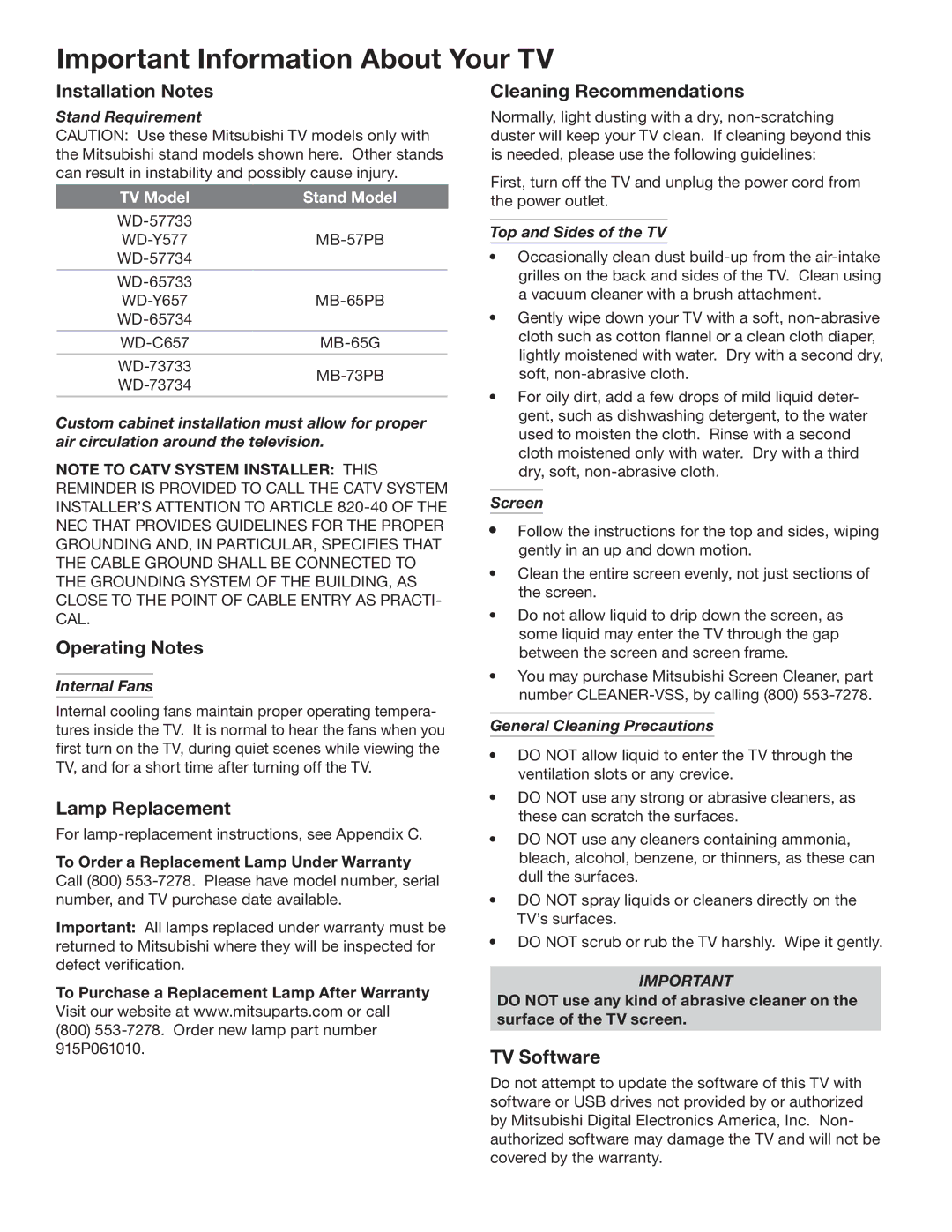 Mitsubishi Electronics WD-73734, WD-57734 Installation Notes, Operating Notes, Lamp Replacement, Cleaning Recommendations 