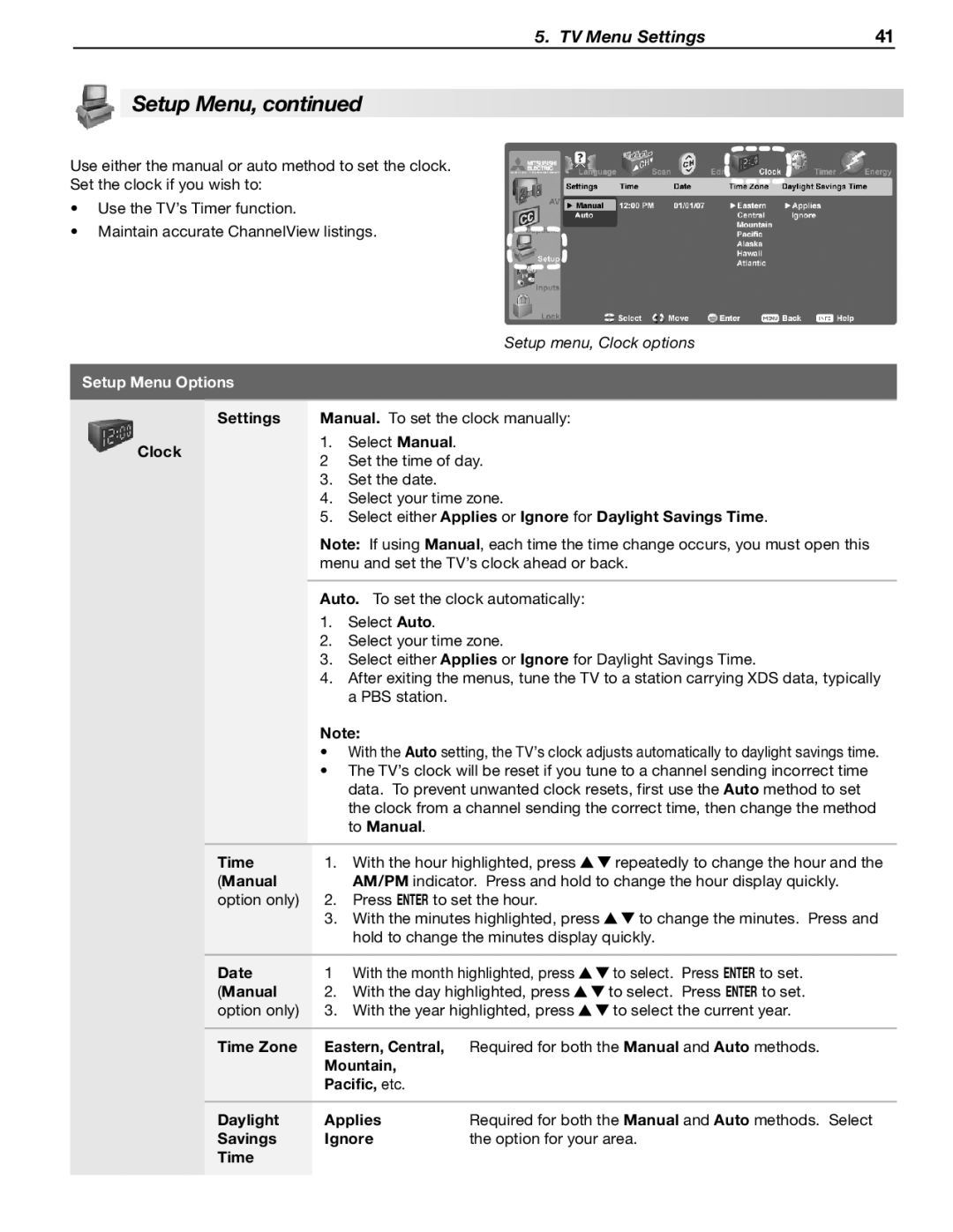 Mitsubishi Electronics WD-65733, WD-57734 manual Settings, Clock, Select either Applies or Ignore for Daylight Savings Time 