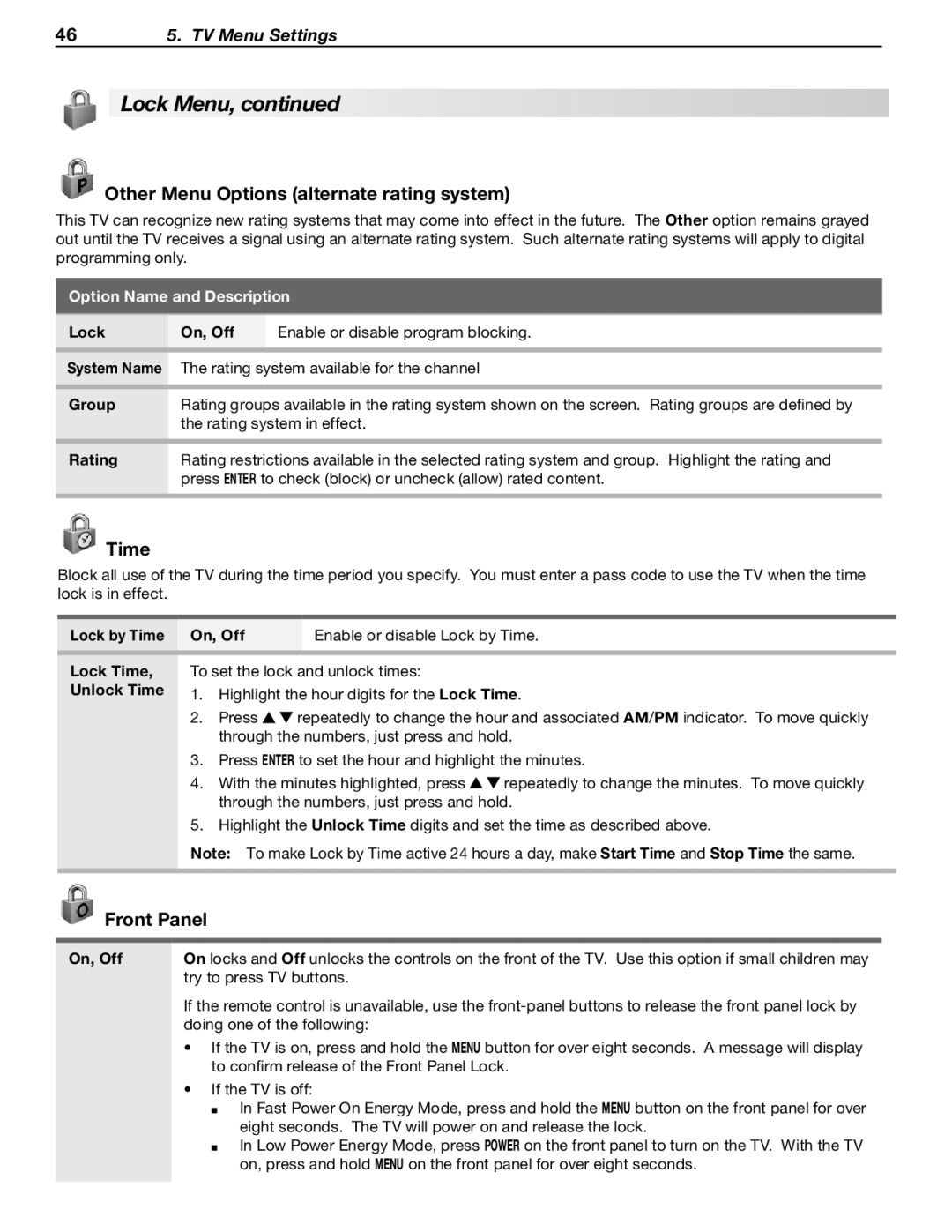 Mitsubishi Electronics WD-Y657, WD-57734, WD-65733, WD-57733 Other Menu Options alternate rating system, Time, Front Panel 