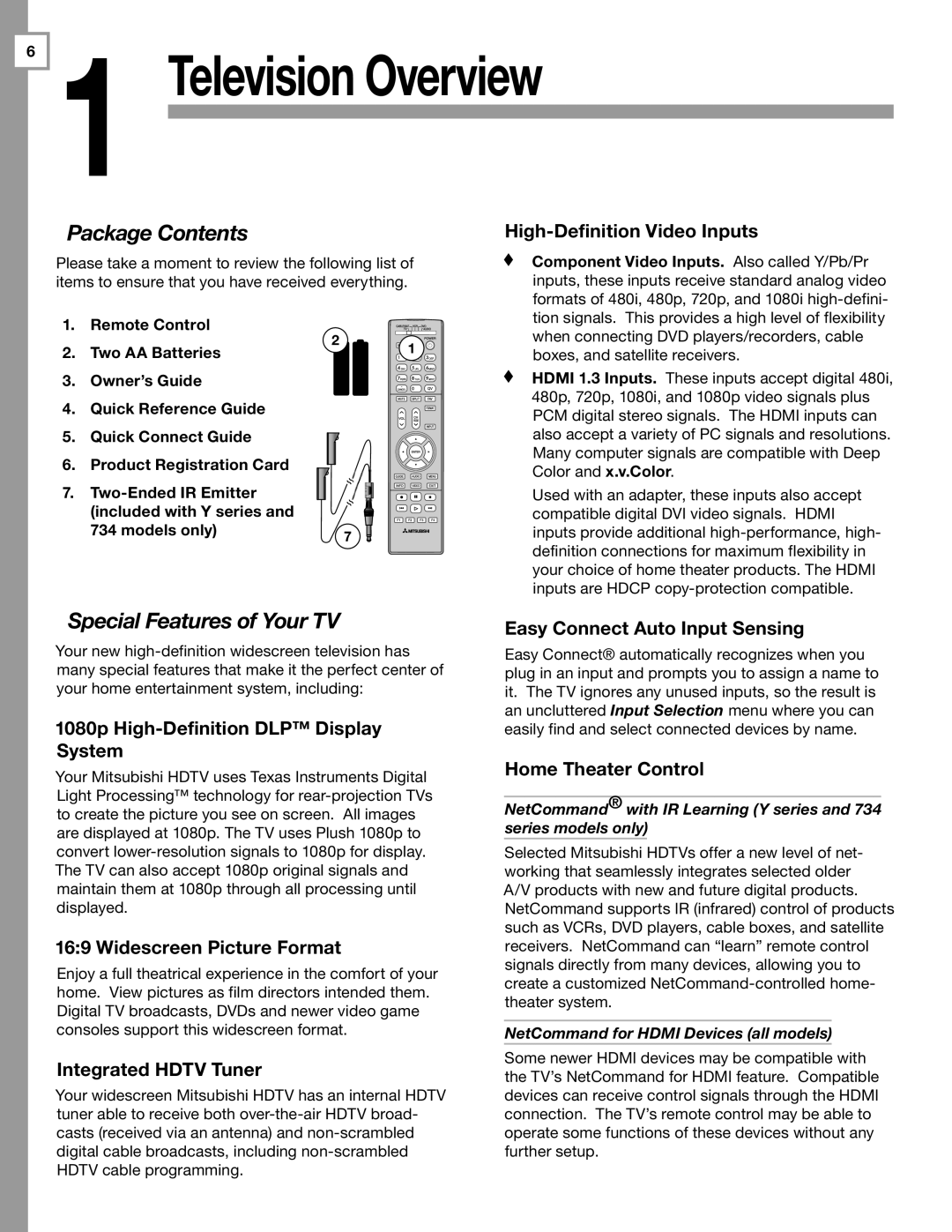 Mitsubishi Electronics WD-Y657, WD-57734, WD-65733, WD-57733, WD-Y577, WD-73734 Package Contents, Special Features of Your TV 