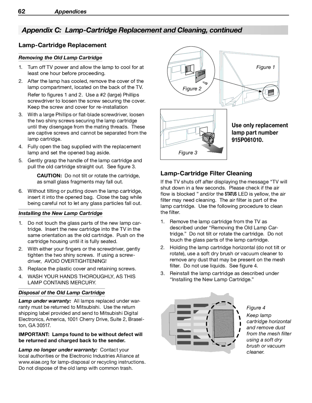 Mitsubishi Electronics WD-Y657 Lamp-Cartridge Replacement, Lamp-Cartridge Filter Cleaning, Removing the Old Lamp Cartridge 