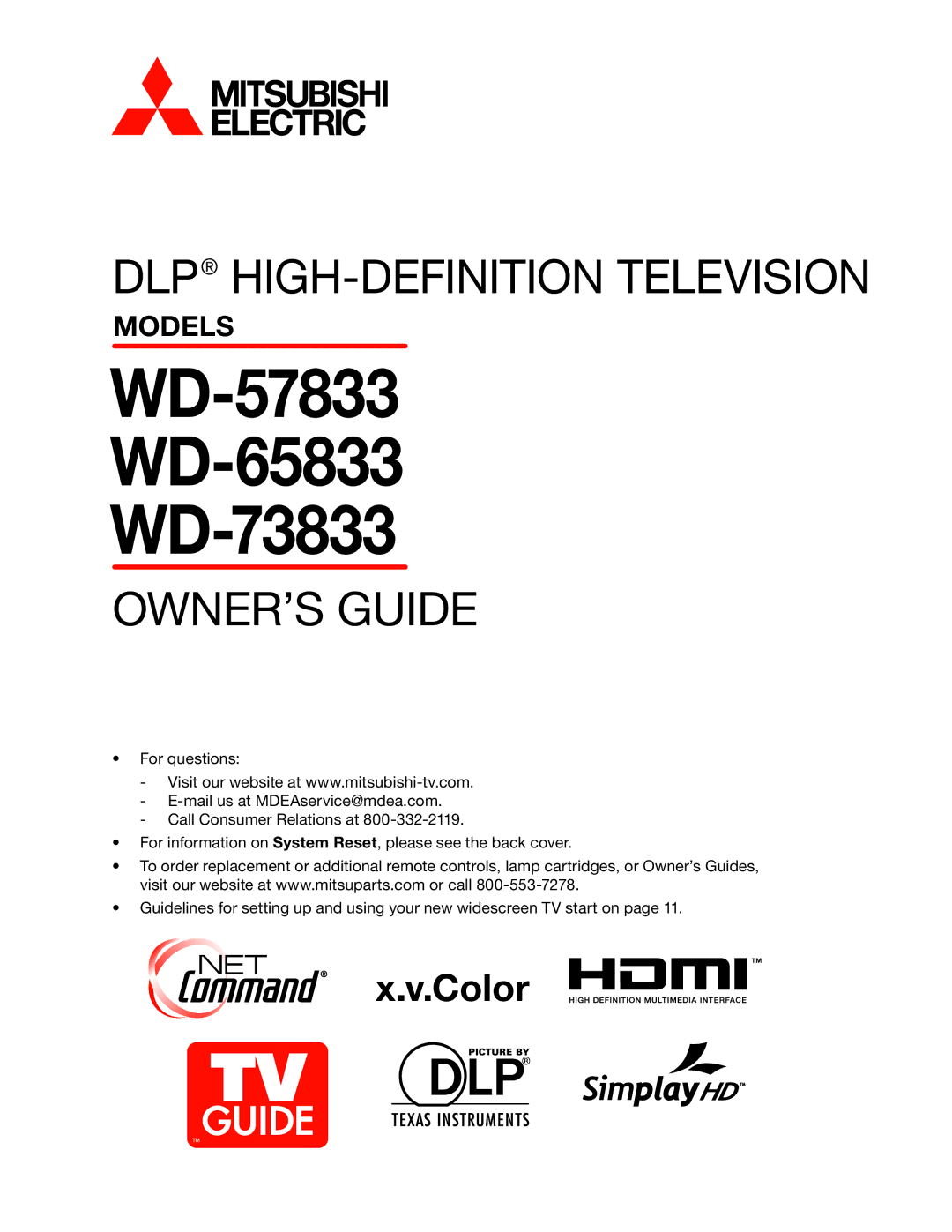 Mitsubishi Electronics manual WD-57833 WD-65833 WD-73833 