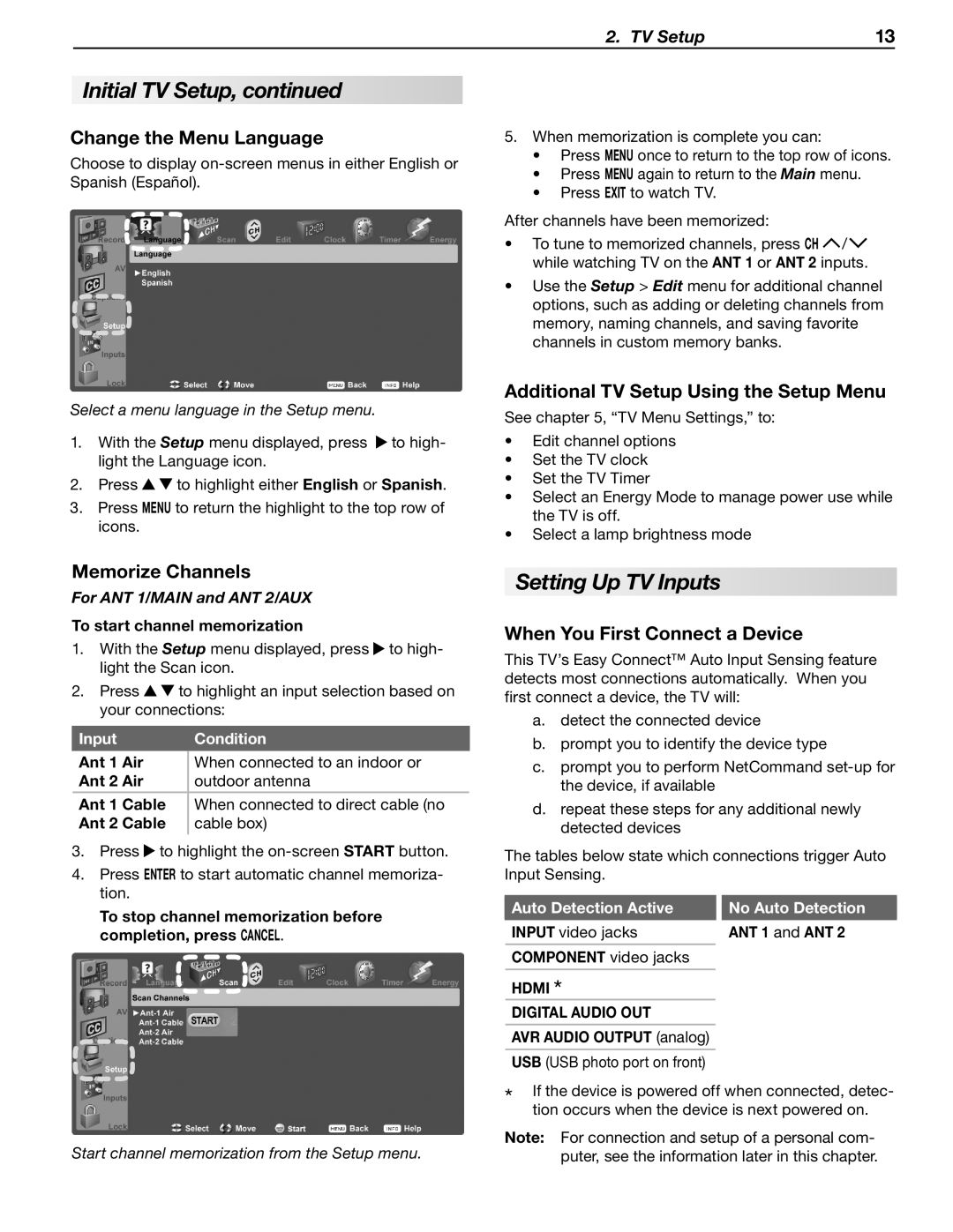 Mitsubishi Electronics WD-57833 manual Setting Up TV Inputs, Change the Menu Language, Memorize Channels 