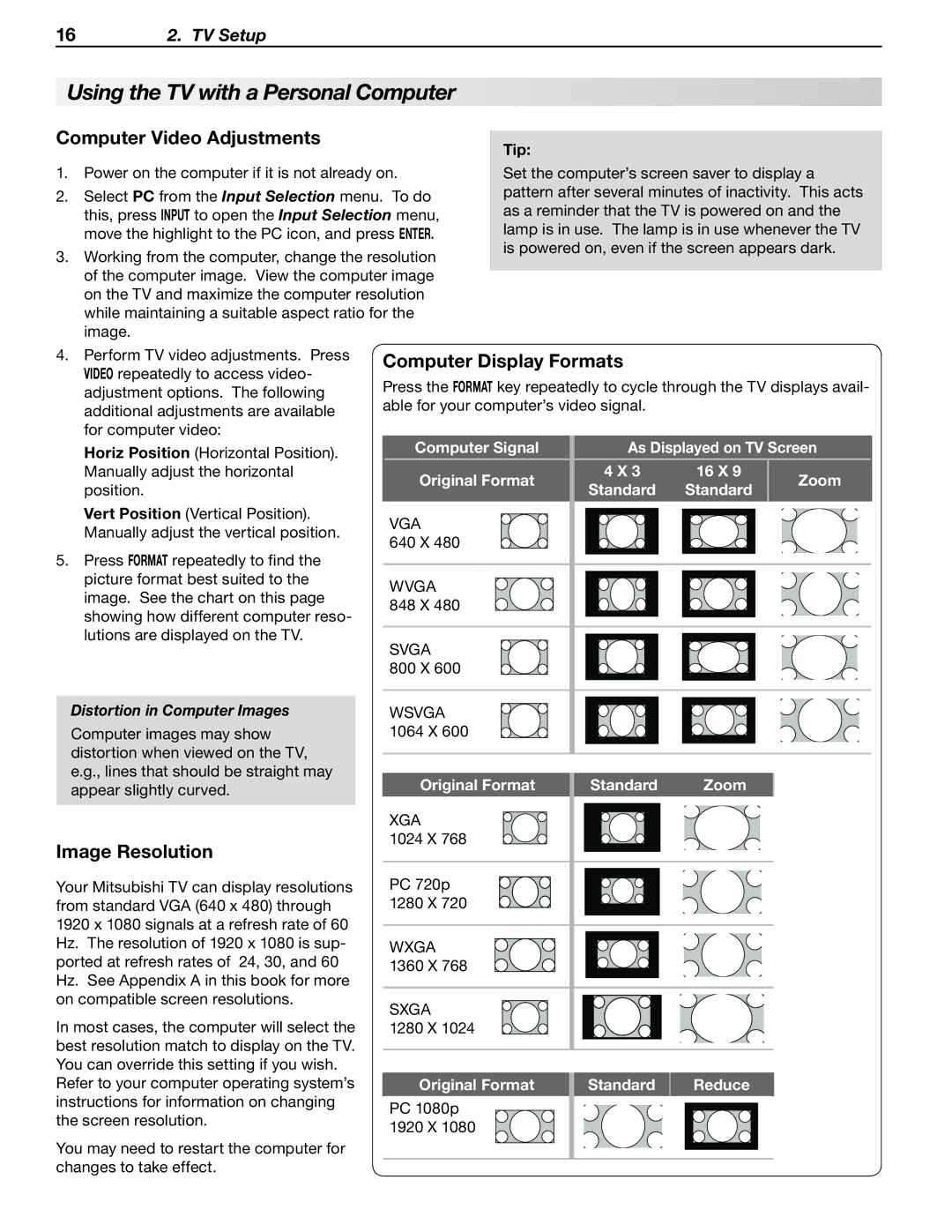 Mitsubishi Electronics WD-57833 manual Using the TV with a Personal Computer, Computer Video Adjustments, Image Resolution 