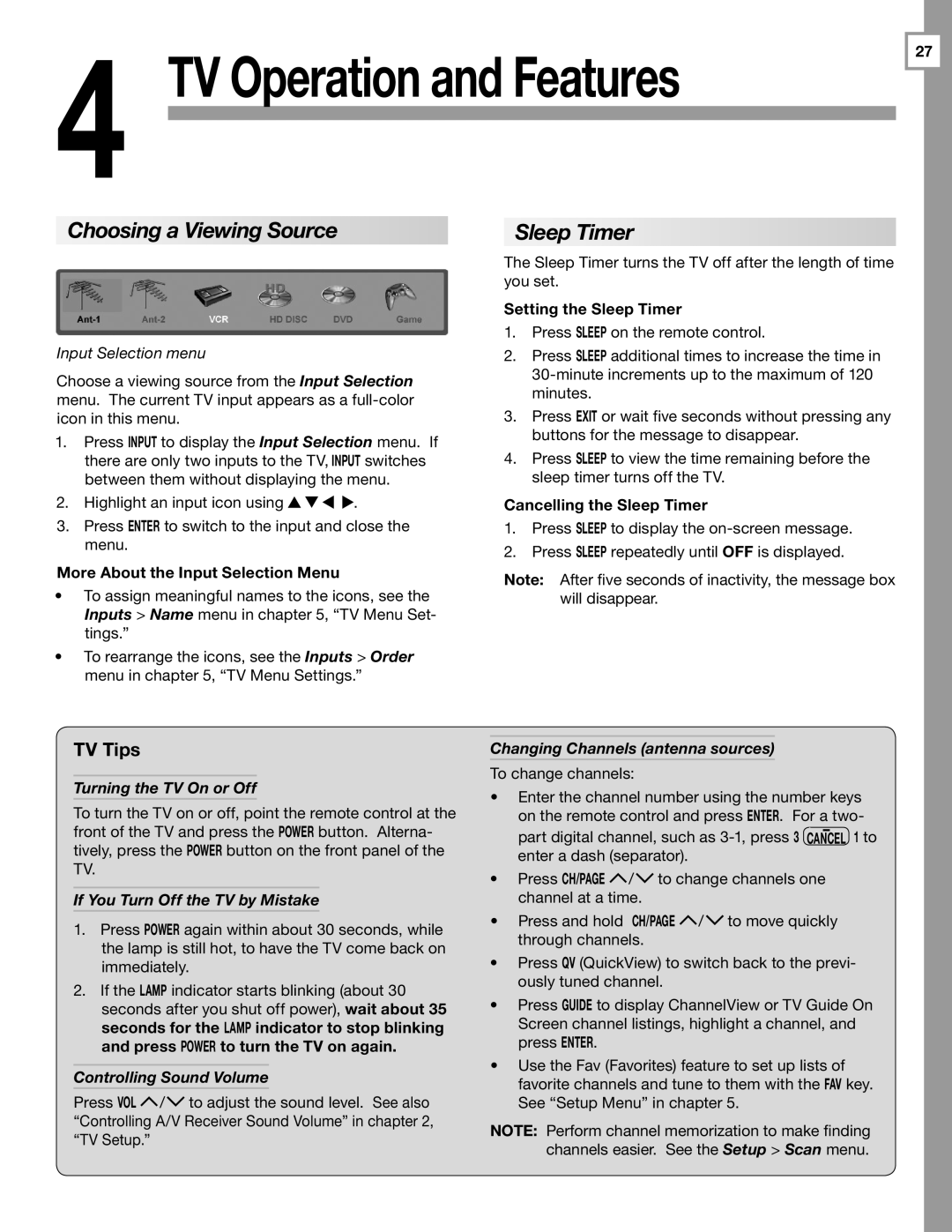 Mitsubishi Electronics WD-57833 manual Choosing a Viewing Source, Sleep Timer, TV Tips 