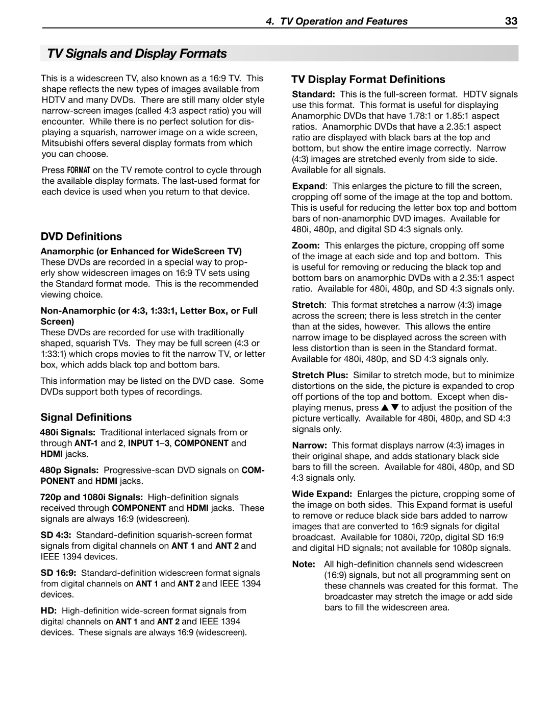 Mitsubishi Electronics WD-57833 manual TV Signals and Display Formats, DVD Definitions, Signal Definitions 