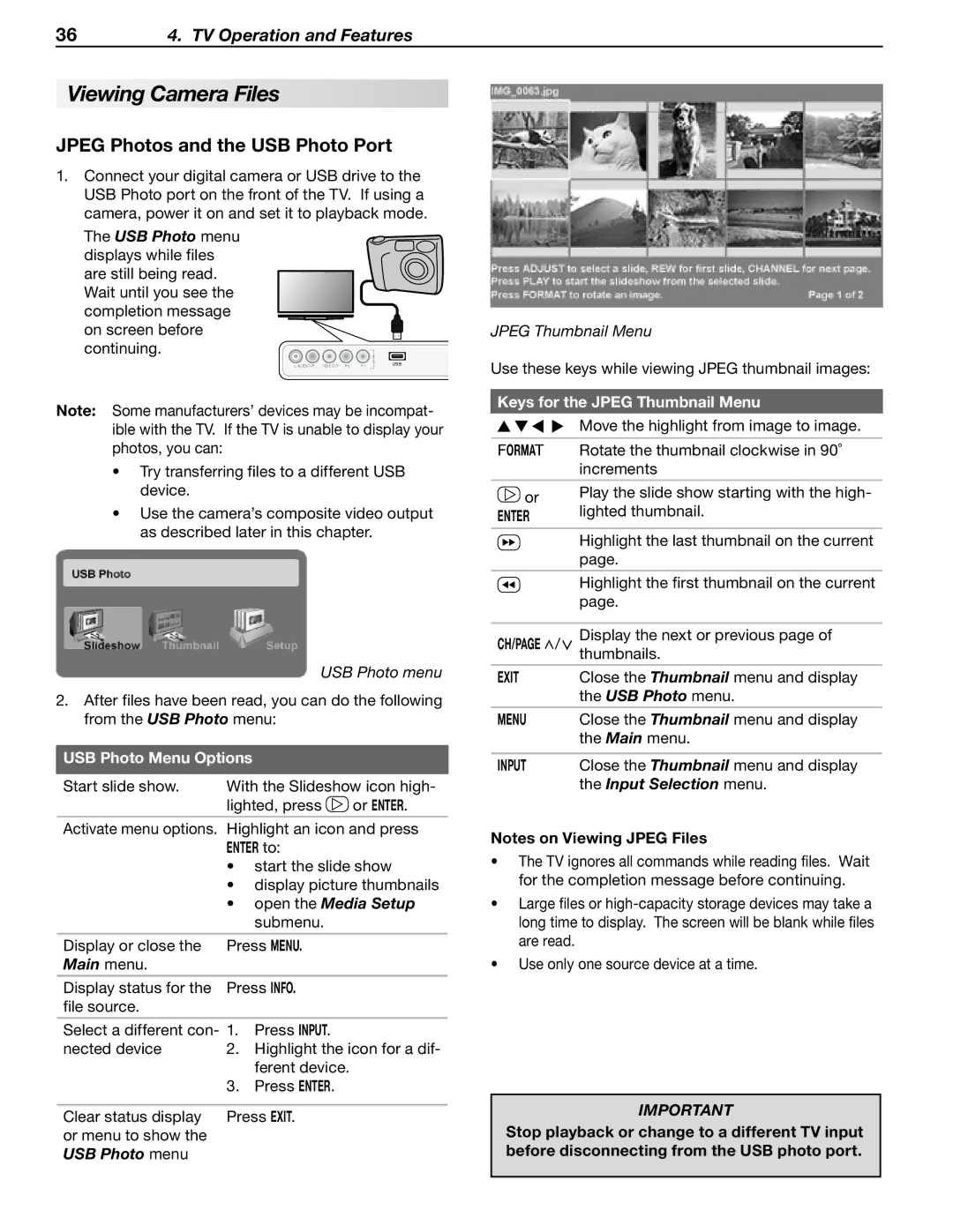 Mitsubishi Electronics WD-57833 manual Viewing Camera Files, Jpeg Photos and the USB Photo Port 