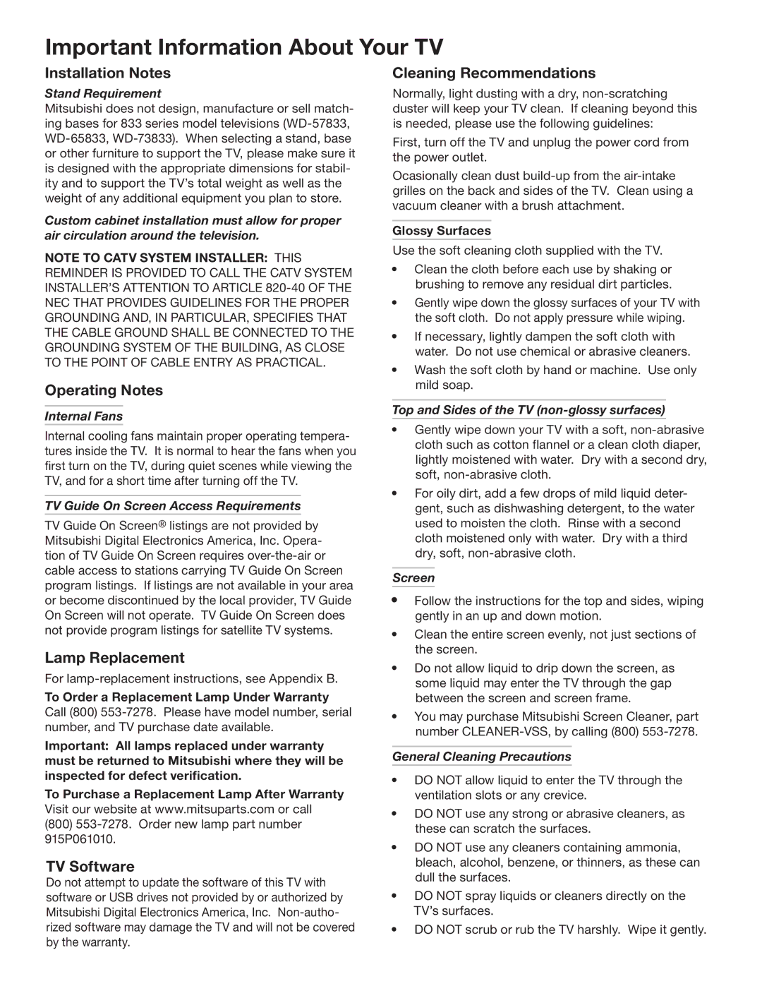 Mitsubishi Electronics WD-57833 manual Installation Notes, Operating Notes, Lamp Replacement, TV Software 