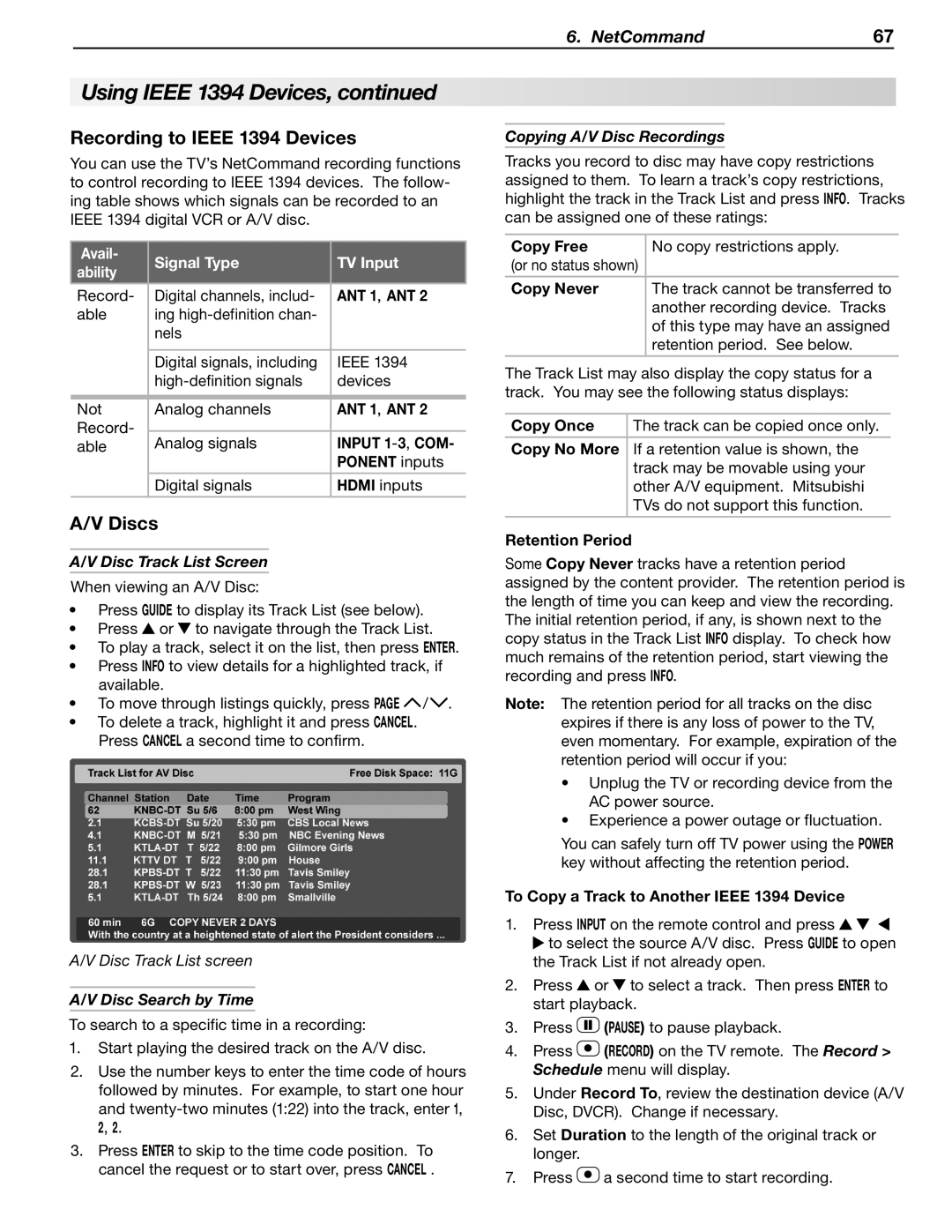 Mitsubishi Electronics WD-57833 manual Recording to Ieee 1394 Devices, Discs, Disc Track List Screen, Disc Search by Time 