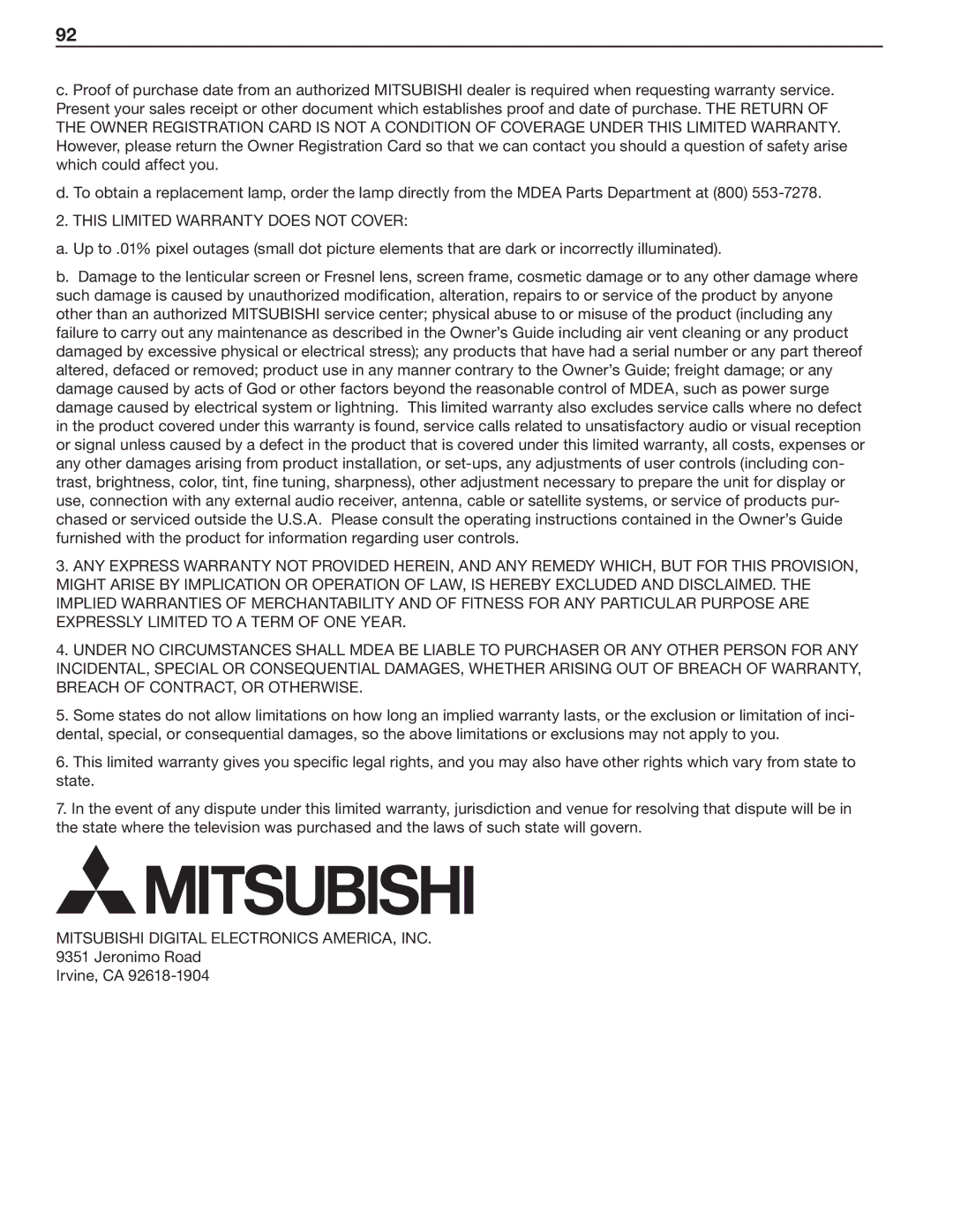 Mitsubishi Electronics WD-57833 manual Mitsubishi Digital Electronics AMERICA, INC 