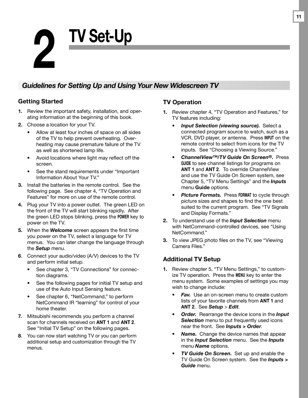 Mitsubishi Electronics WD-57833 Guidelines for Setting Up and Using Your New Widescreen TV, Getting Started, TV Operation 