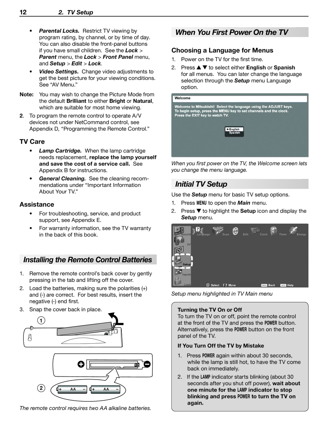 Mitsubishi Electronics WD-57833 Installing the Remote Control Batteries, When You First Power On the TV, Initial TV Setup 