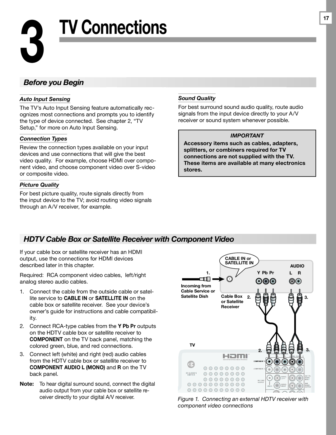 Mitsubishi Electronics WD-57833 manual Before you Begin, Hdtv Cable Box or Satellite Receiver with Component Video 