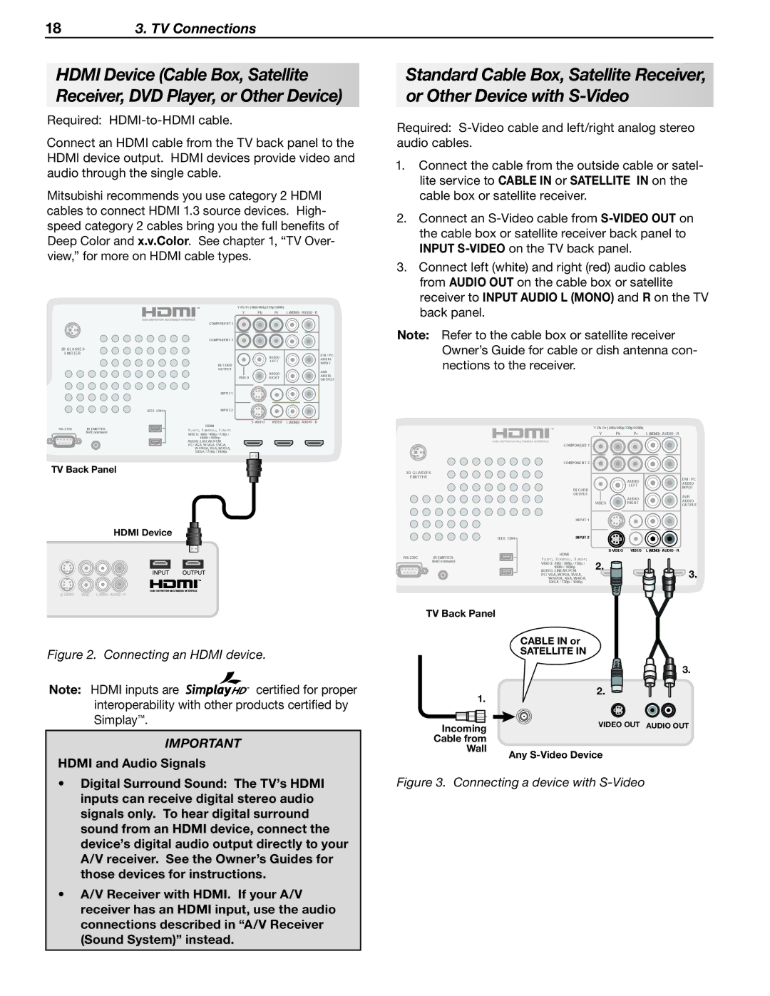 Mitsubishi Electronics WD-57833 manual 18 3. TV Connections 