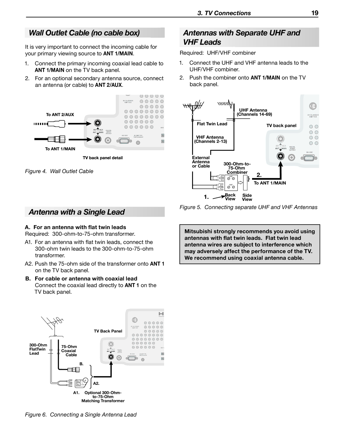 Mitsubishi Electronics WD-57833 manual Wall Outlet Cable no cable box, Antennas with Separate UHF and VHF Leads 