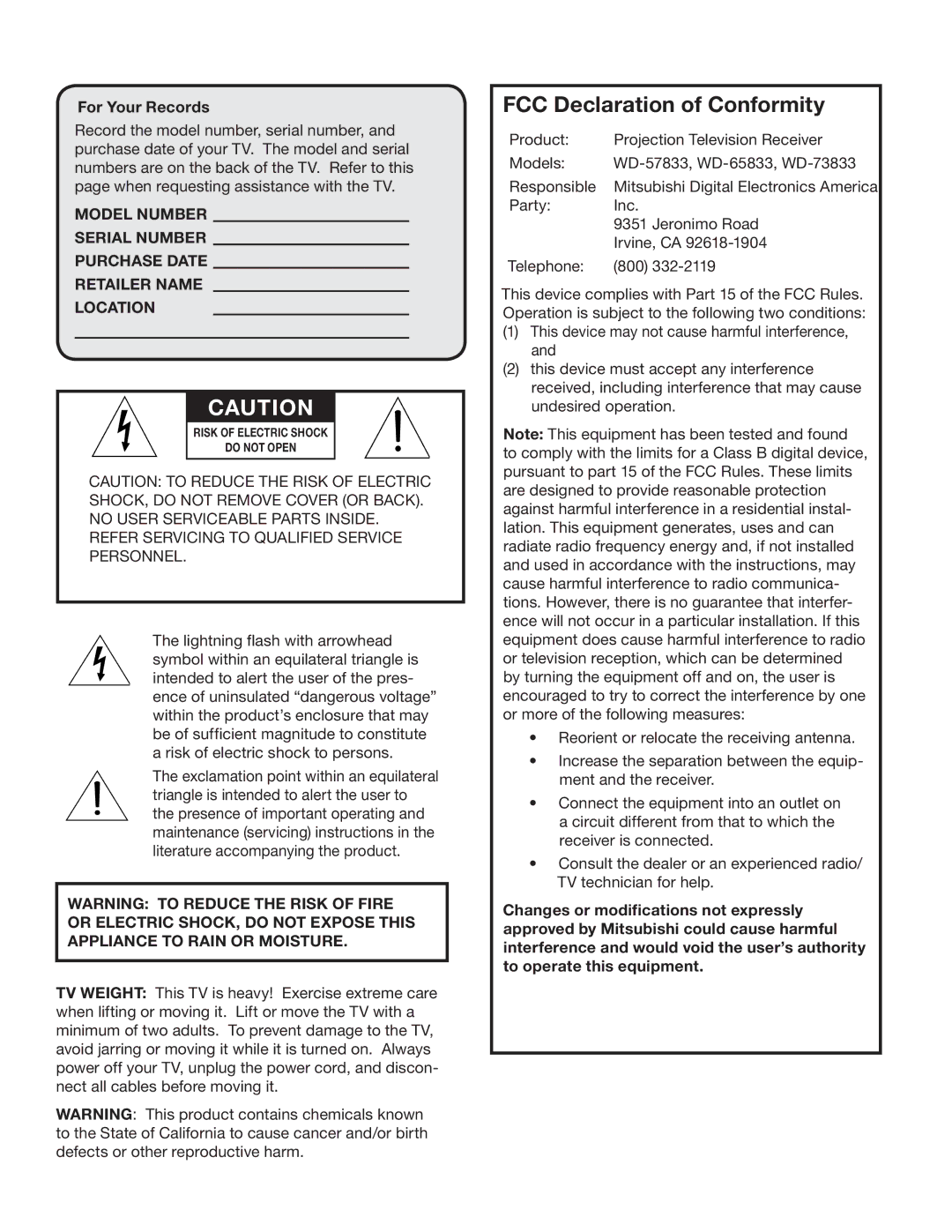 Mitsubishi Electronics WD-57833 manual For Your Records, Refer Servicing to Qualified Service Personnel 