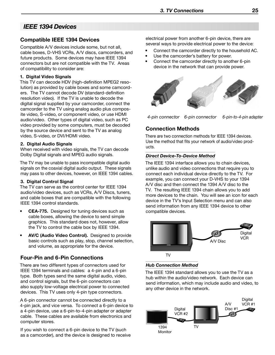 Mitsubishi Electronics WD-57833 manual Compatible Ieee 1394 Devices, Connection Methods, Four-Pin and 6-Pin Connections 