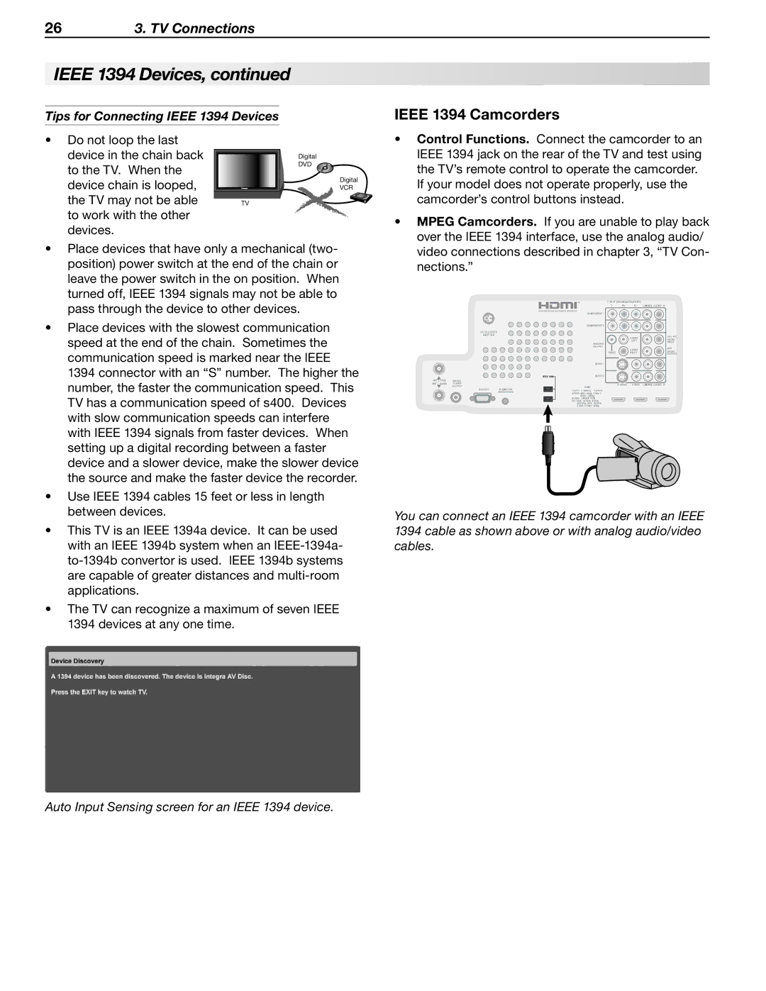 Mitsubishi Electronics WD-57833 manual Ieee 1394 Camcorders, Tips for Connecting Ieee 1394 Devices 