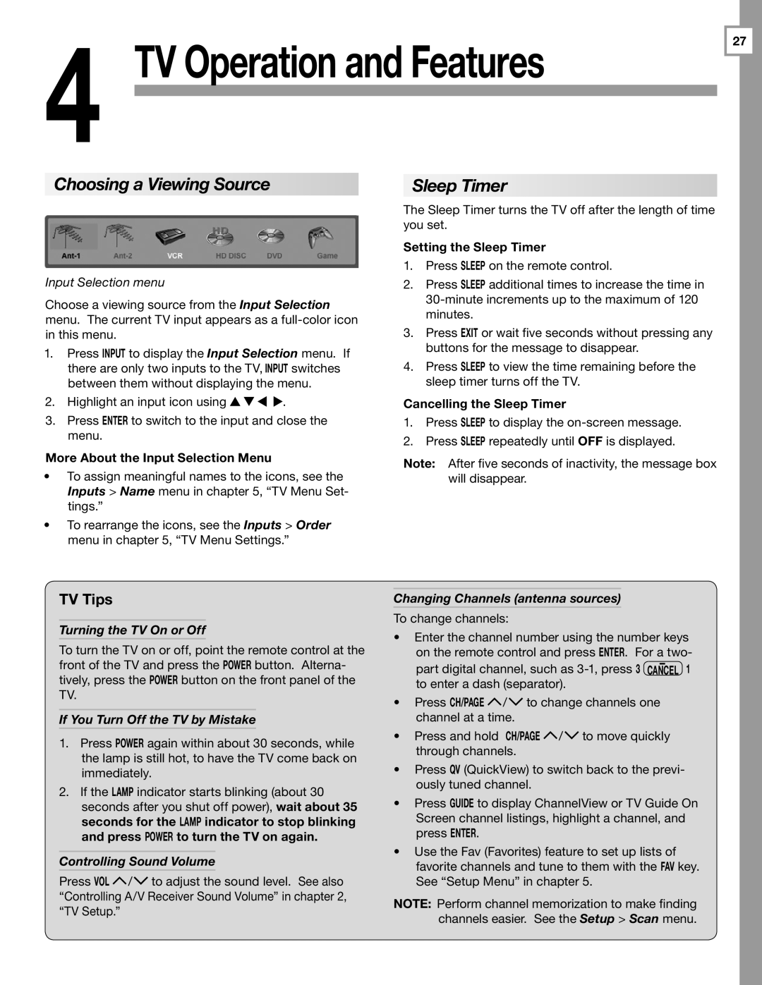 Mitsubishi Electronics WD-57833 manual Choosing a Viewing Source, Sleep Timer, TV Tips 