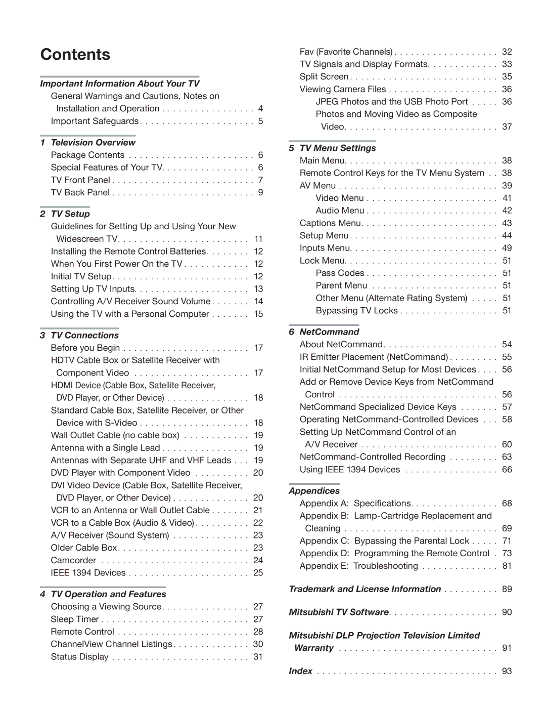 Mitsubishi Electronics WD-57833 manual Contents 