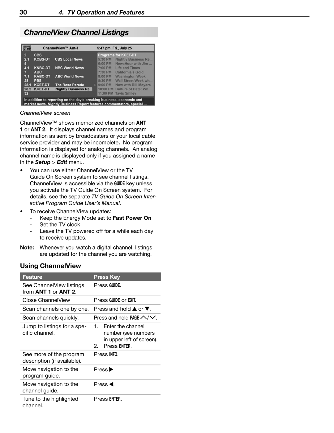 Mitsubishi Electronics WD-57833 ChannelView Channel Listings, Using ChannelView, Feature, Press Key, Press Guide or Exit 