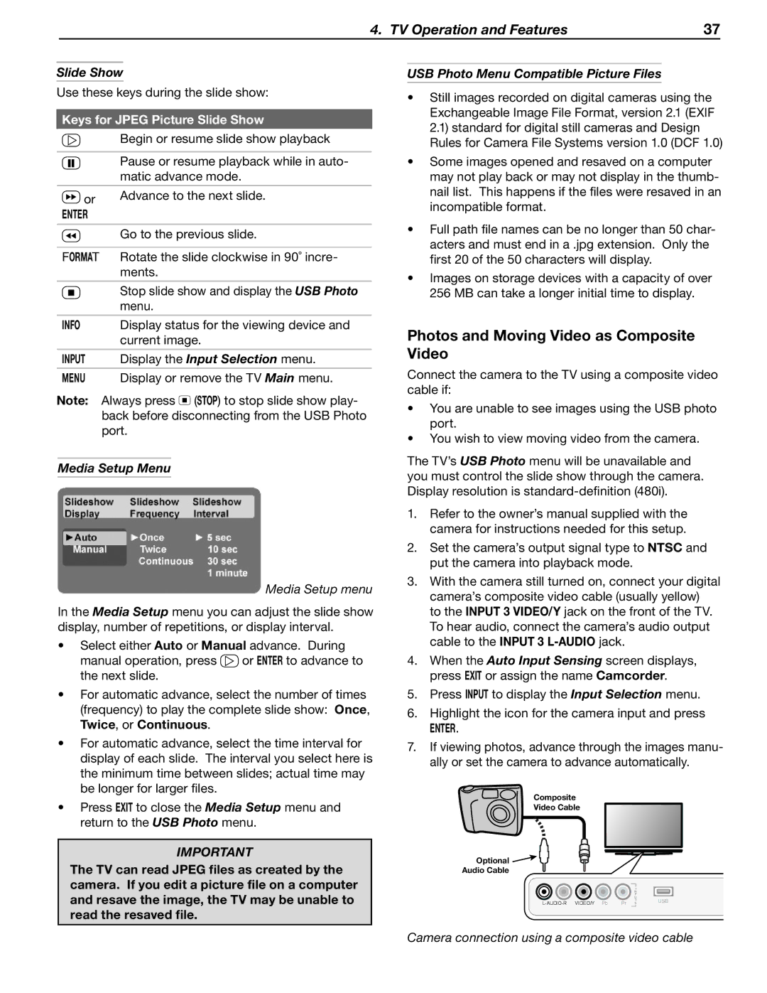 Mitsubishi Electronics WD-57833 manual Photos and Moving Video as Composite Video, Keys for Jpeg Picture Slide Show 